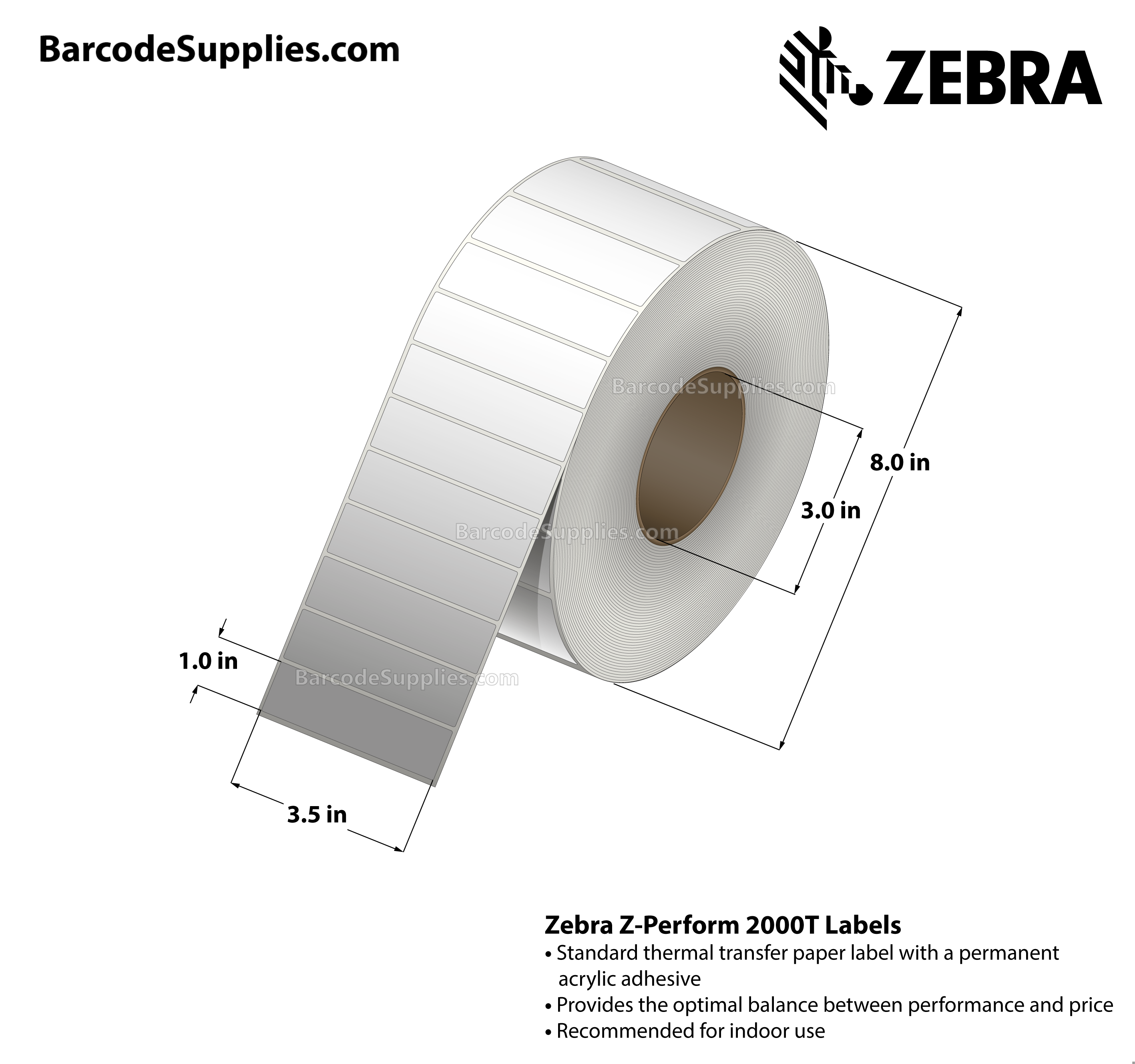 3.5 x 1 Thermal Transfer White Z-Perform 2000T All-Temp Labels With All-Temp Adhesive - Not Perforated - 5180 Labels Per Roll - Carton Of 6 Rolls - 31080 Labels Total - MPN: 72373