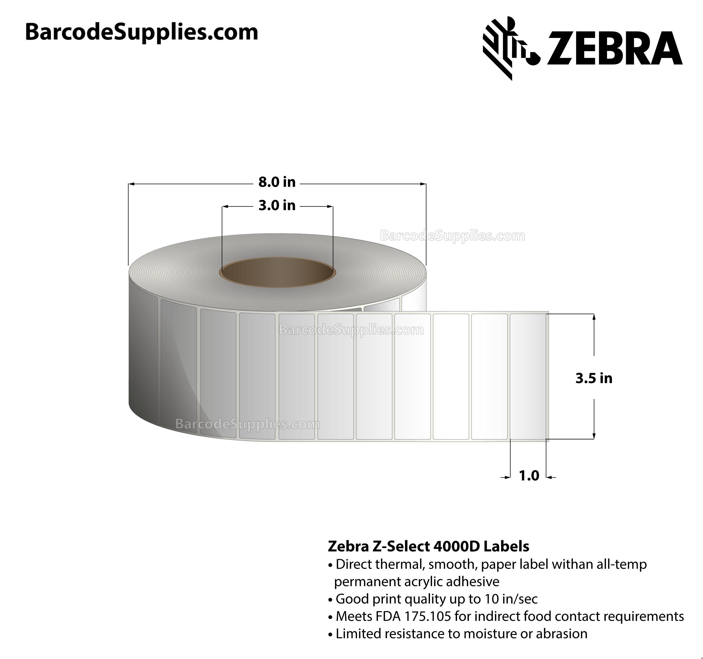 3.5 x 1 Direct Thermal White Z-Select 4000D Labels With All-Temp Adhesive - Not Perforated - 5120 Labels Per Roll - Carton Of 6 Rolls - 30720 Labels Total - MPN: 75856