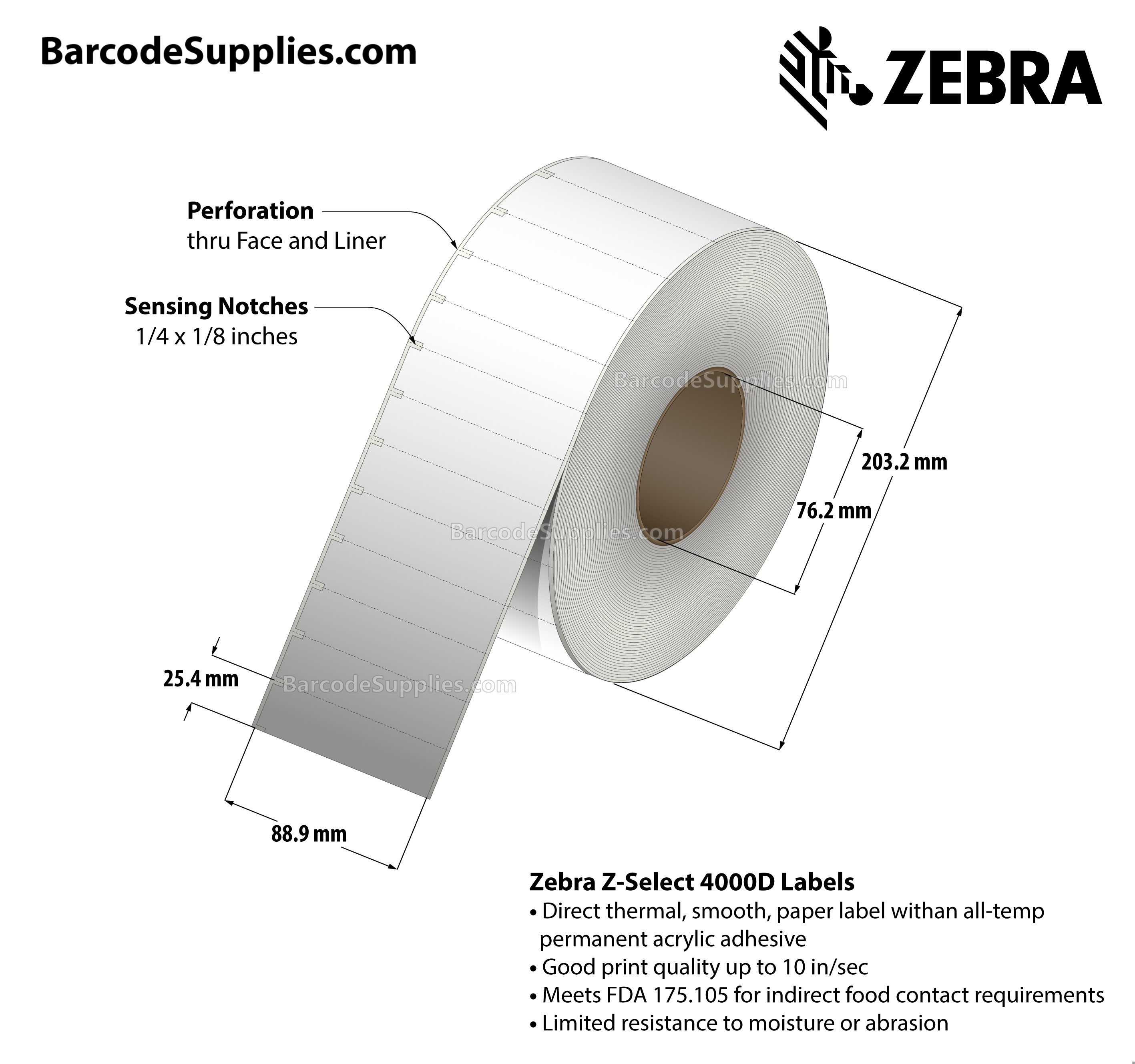 3.5 x 1 Direct Thermal White Z-Select 4000D Labels With All-Temp Adhesive - Label has square edges and sensing notches on left side - Perforated - 5760 Labels Per Roll - Carton Of 6 Rolls - 34560 Labels Total - MPN: HC10000684
