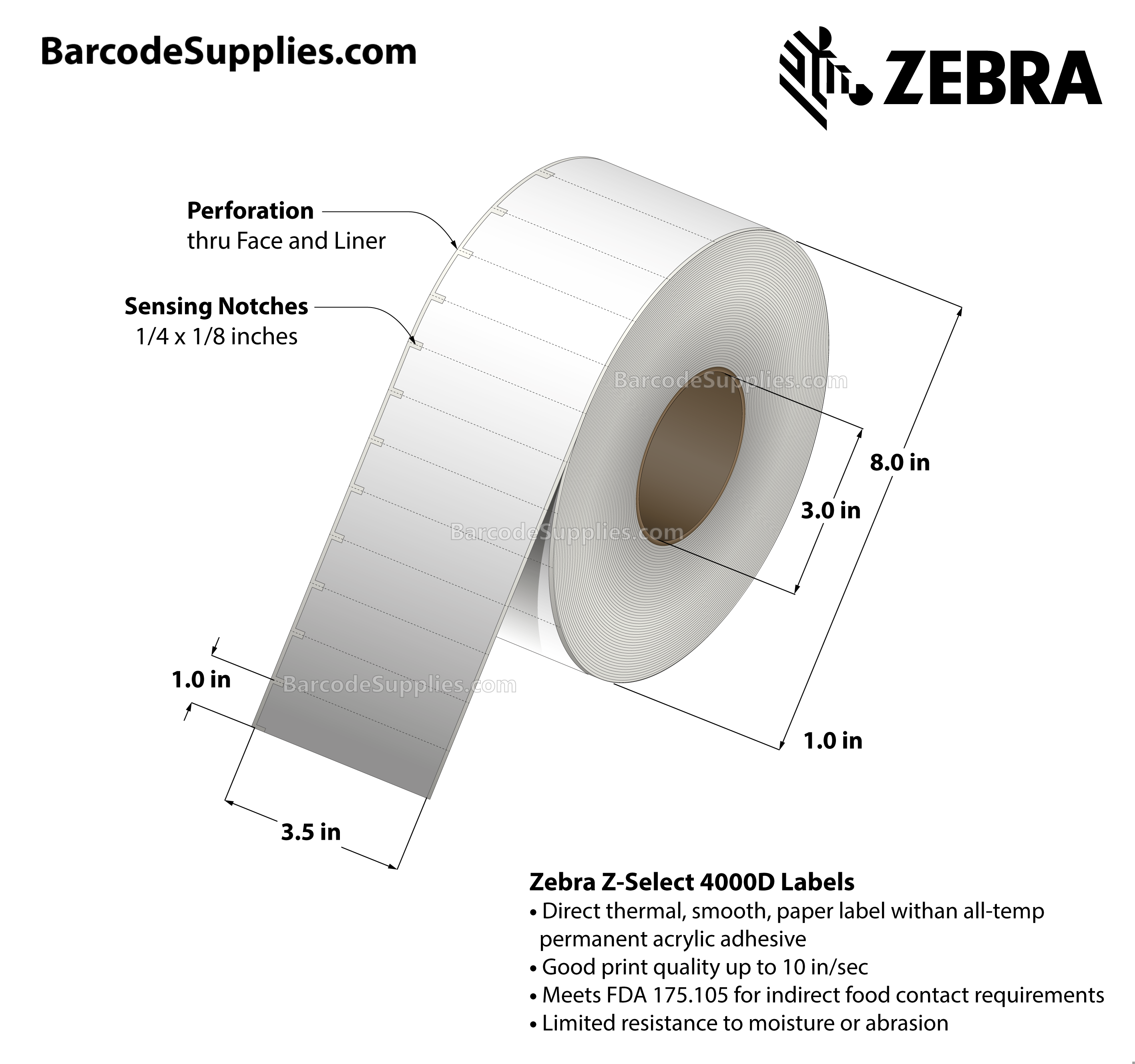 3.5 x 1 Direct Thermal White Z-Select 4000D Labels With All-Temp Adhesive - Label has square edges and sensing notches on left side - Perforated - 5760 Labels Per Roll - Carton Of 6 Rolls - 34560 Labels Total - MPN: HC10000684