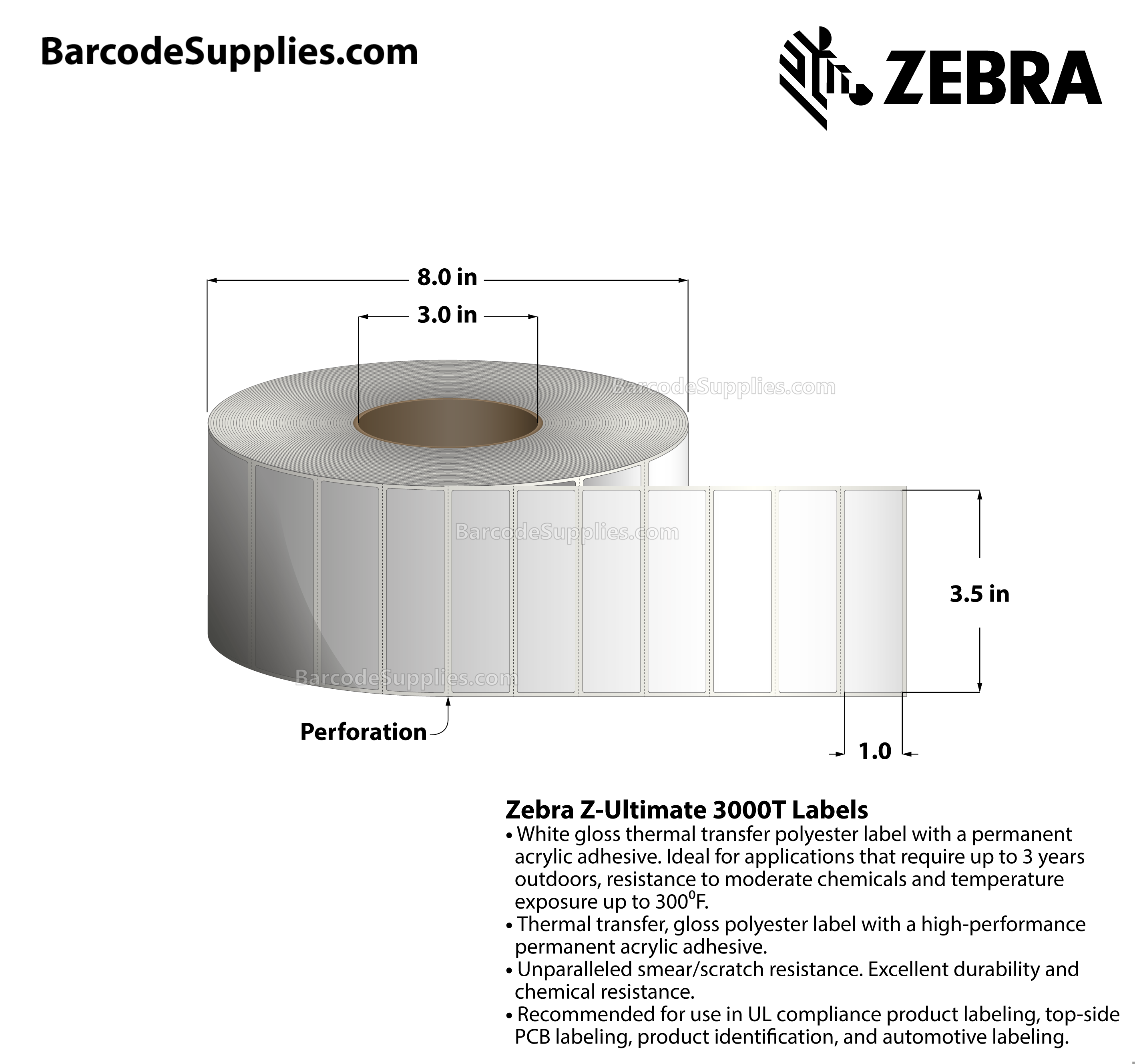 3.5 x 1 Thermal Transfer White Z-Ultimate 3000T Labels With Permanent Adhesive - Perforated - 5570 Labels Per Roll - Carton Of 4 Rolls - 22280 Labels Total - MPN: 10011705