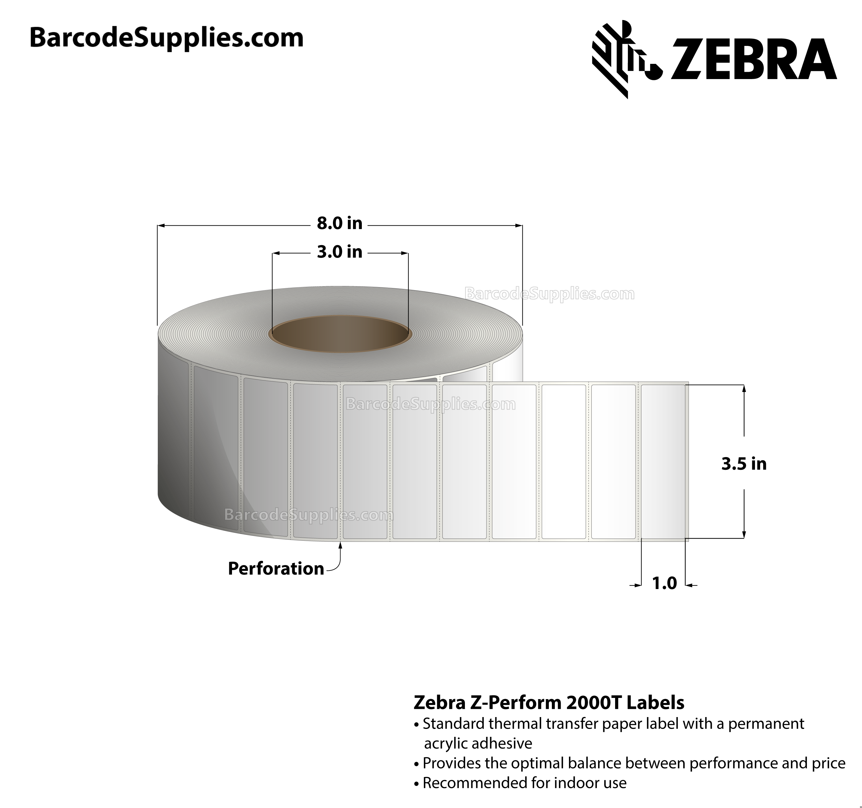 3.5 x 1 Thermal Transfer White Z-Perform 2000T Labels With Permanent Adhesive - Perforated - 5470 Labels Per Roll - Carton Of 4 Rolls - 21880 Labels Total - MPN: 10010243