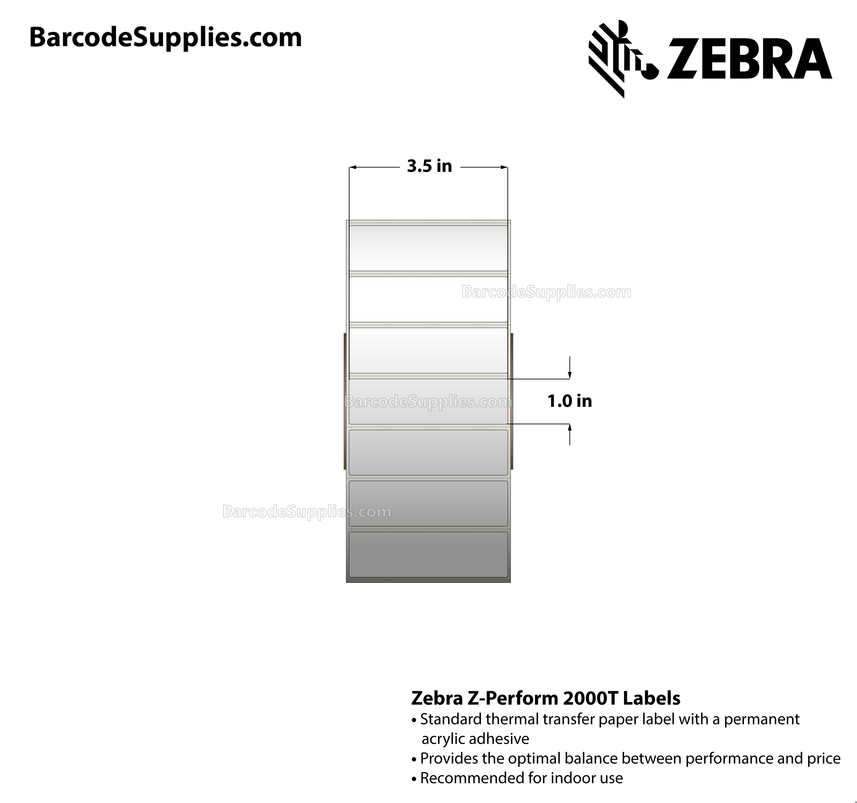 3.5 x 1 Thermal Transfer White Z-Perform 2000T Labels With Permanent Adhesive - Perforated - 5470 Labels Per Roll - Carton Of 4 Rolls - 21880 Labels Total - MPN: 10010243