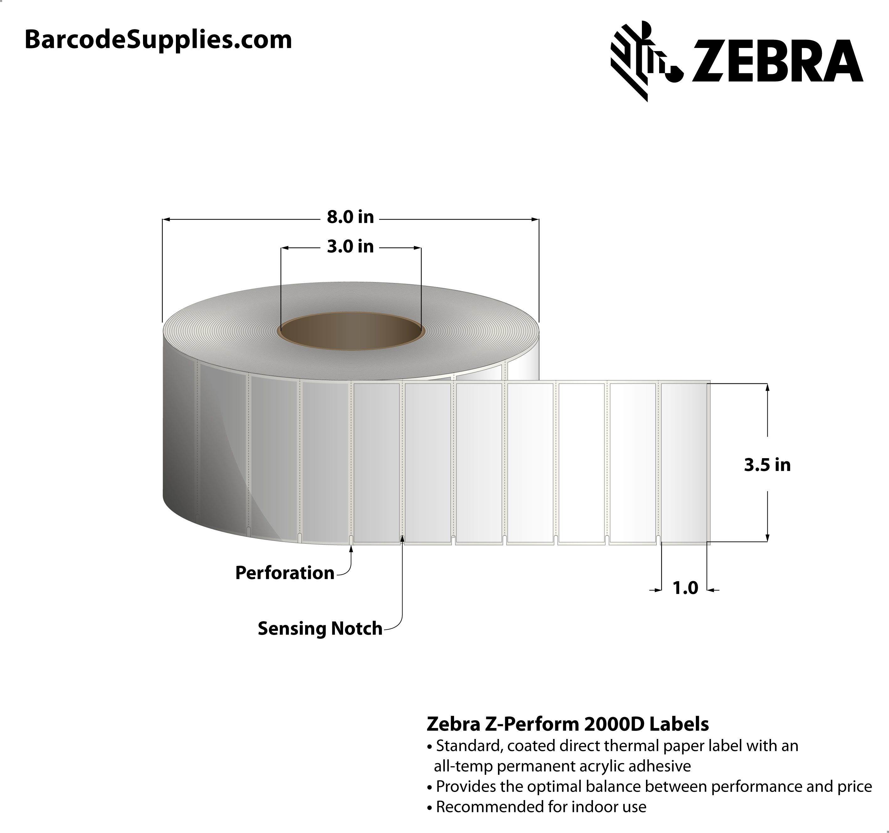 3.5 x 1 Direct Thermal White Z-Perform 2000D Labels With Permanent Adhesive - Label has square edges and side sensing notches on left side. - Perforated - 5800 Labels Per Roll - Carton Of 2 Rolls - 11600 Labels Total - MPN: 10025346