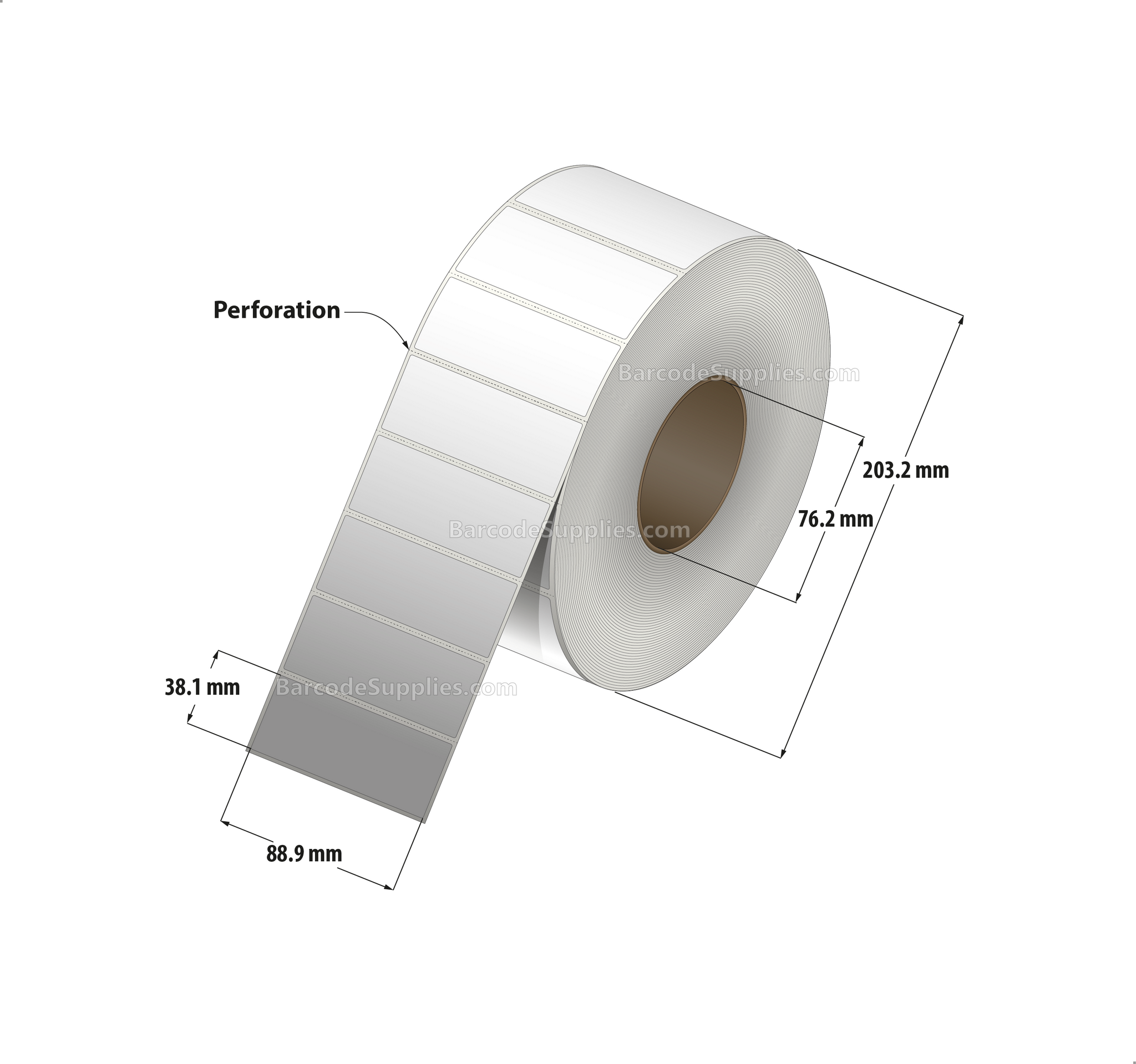 3.5 x 1.5 Direct Thermal White Labels With Acrylic Adhesive - Perforated - 3600 Labels Per Roll - Carton Of 4 Rolls - 14400 Labels Total - MPN: RD-35-15-3600-3 - BarcodeSource, Inc.