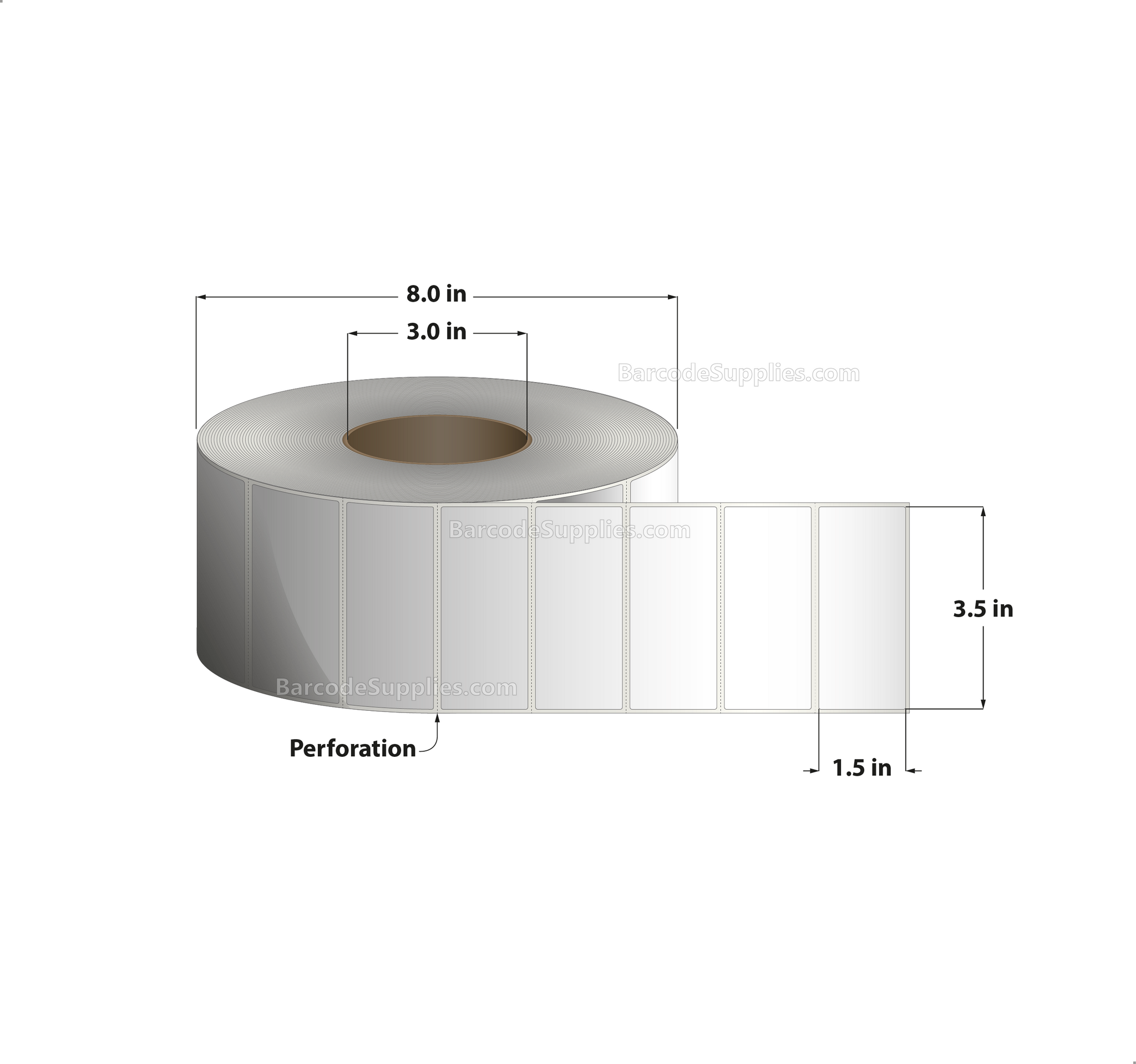 3.5 x 1.5 Thermal Transfer White Labels With Removable Adhesive - Perforated - 3600 Labels Per Roll - Carton Of 4 Rolls - 14400 Labels Total - MPN: RE-35-15-3600-3