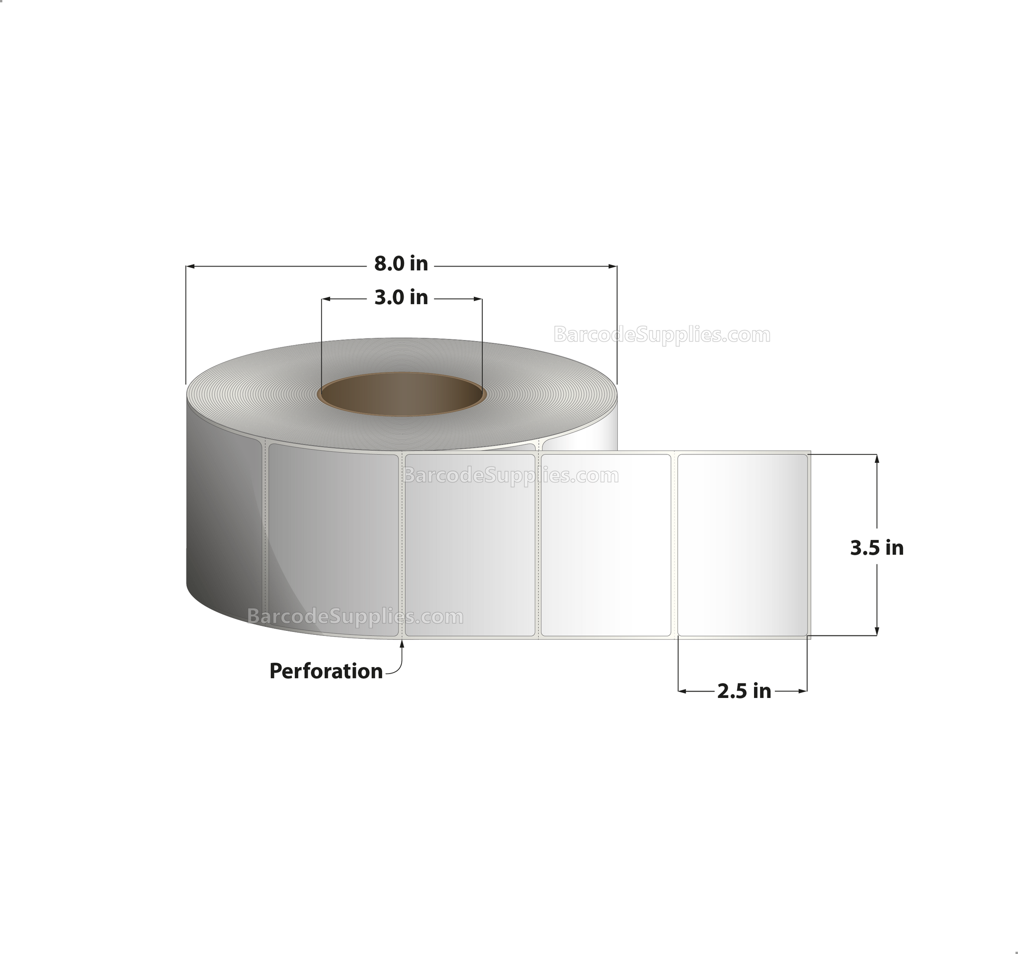 3.5 x 2.5 Thermal Transfer White Labels With Permanent Adhesive - Perforated - 2500 Labels Per Roll - Carton Of 4 Rolls - 10000 Labels Total - MPN: RT-35-25-2500-3