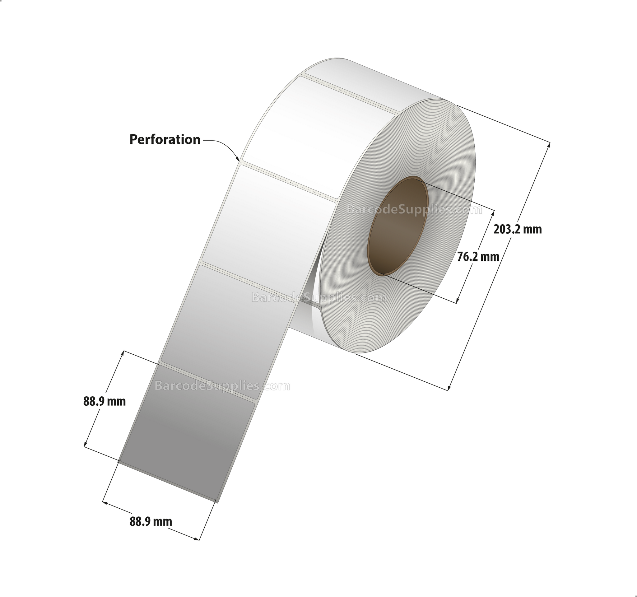 3.5 x 3.5 Direct Thermal White Labels With Acrylic Adhesive - Perforated - 1600 Labels Per Roll - Carton Of 4 Rolls - 6400 Labels Total - MPN: RD-35-35-1600-3 - BarcodeSource, Inc.