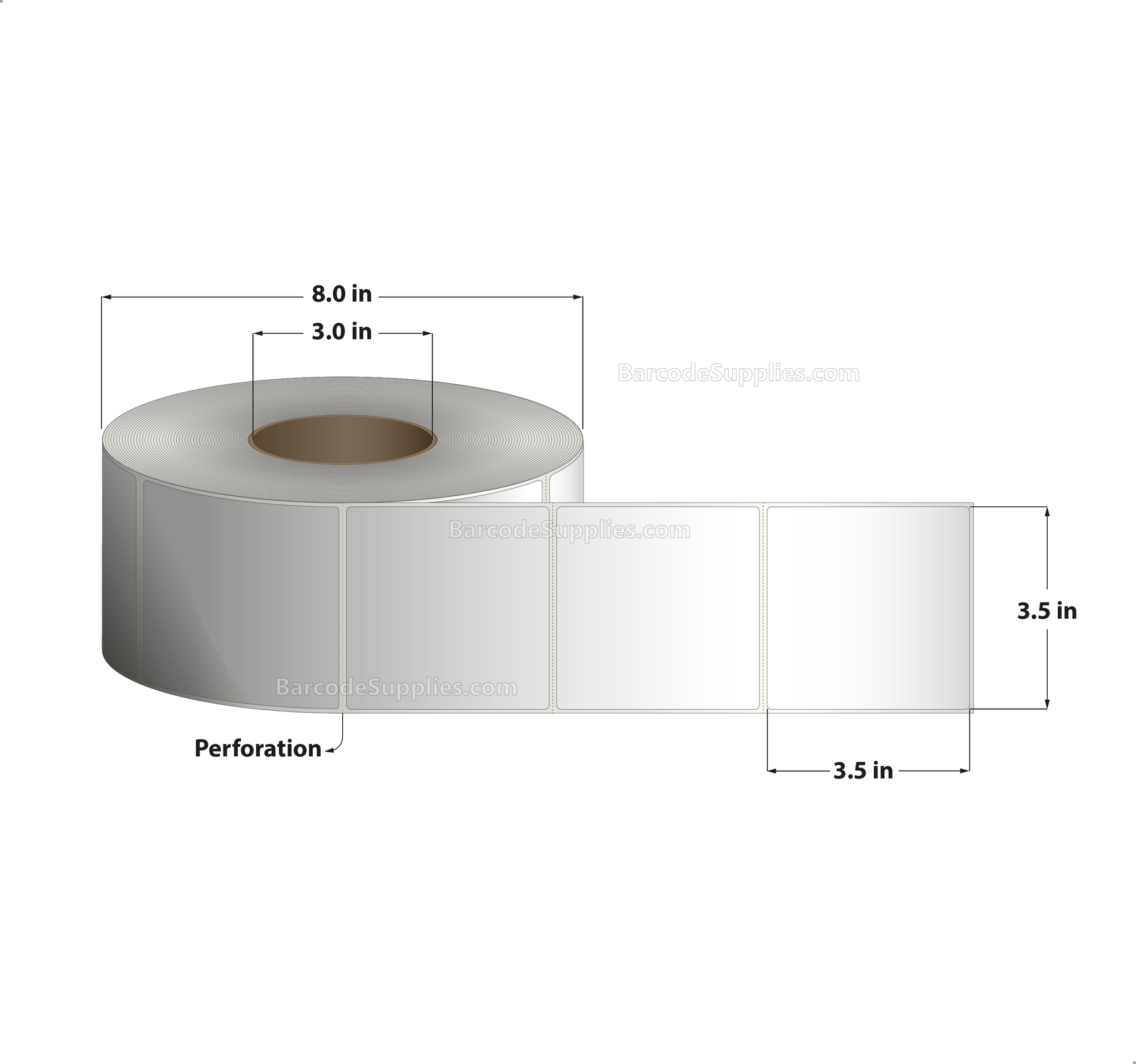 3.5 x 3.5 Direct Thermal White Labels With Acrylic Adhesive - Perforated - 1600 Labels Per Roll - Carton Of 4 Rolls - 6400 Labels Total - MPN: RD-35-35-1600-3 - BarcodeSource, Inc.