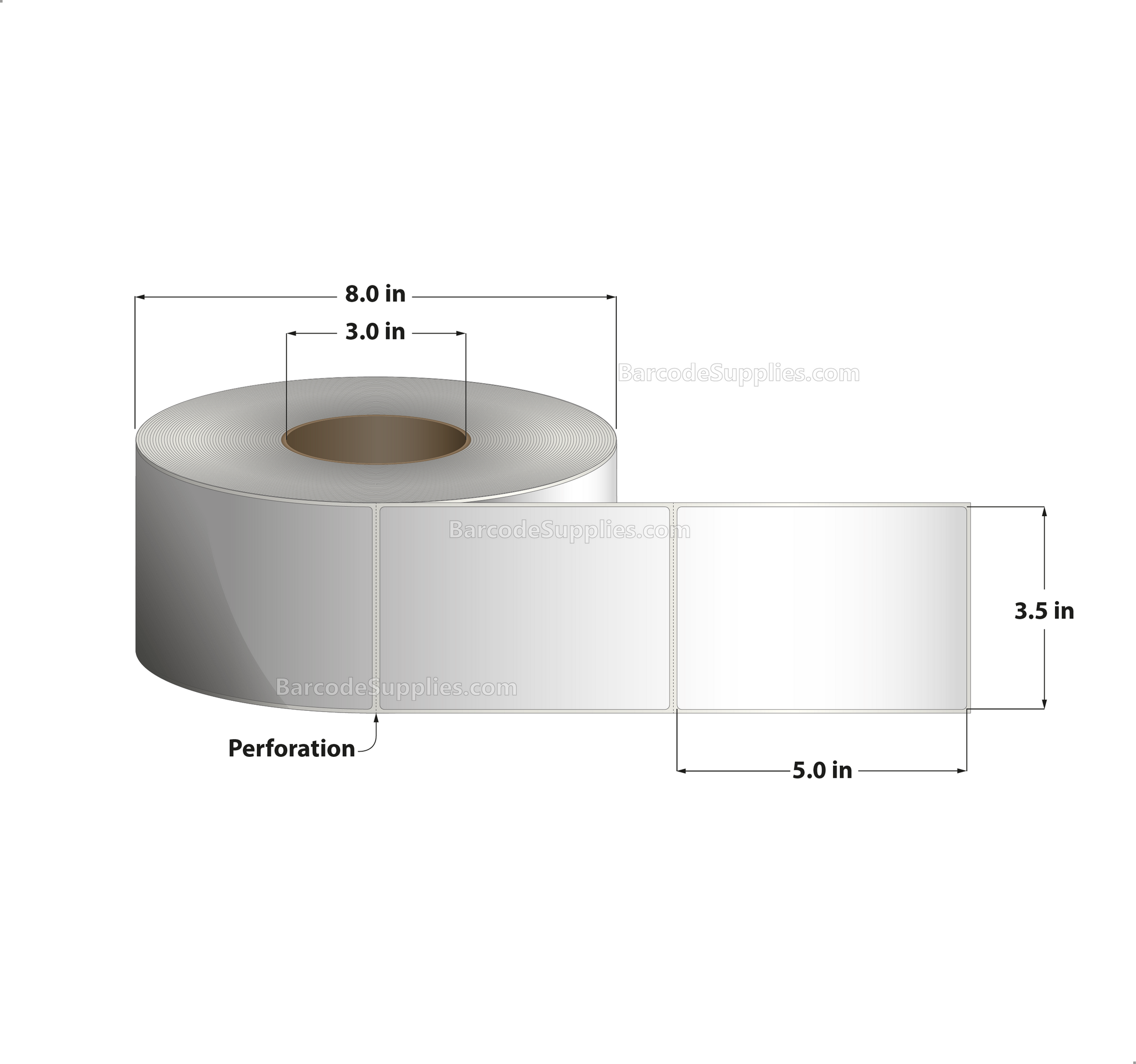 3.5 x 5 Thermal Transfer White Labels With Permanent Adhesive - Perforated - 1200 Labels Per Roll - Carton Of 4 Rolls - 4800 Labels Total - MPN: RT-35-5-1200-3