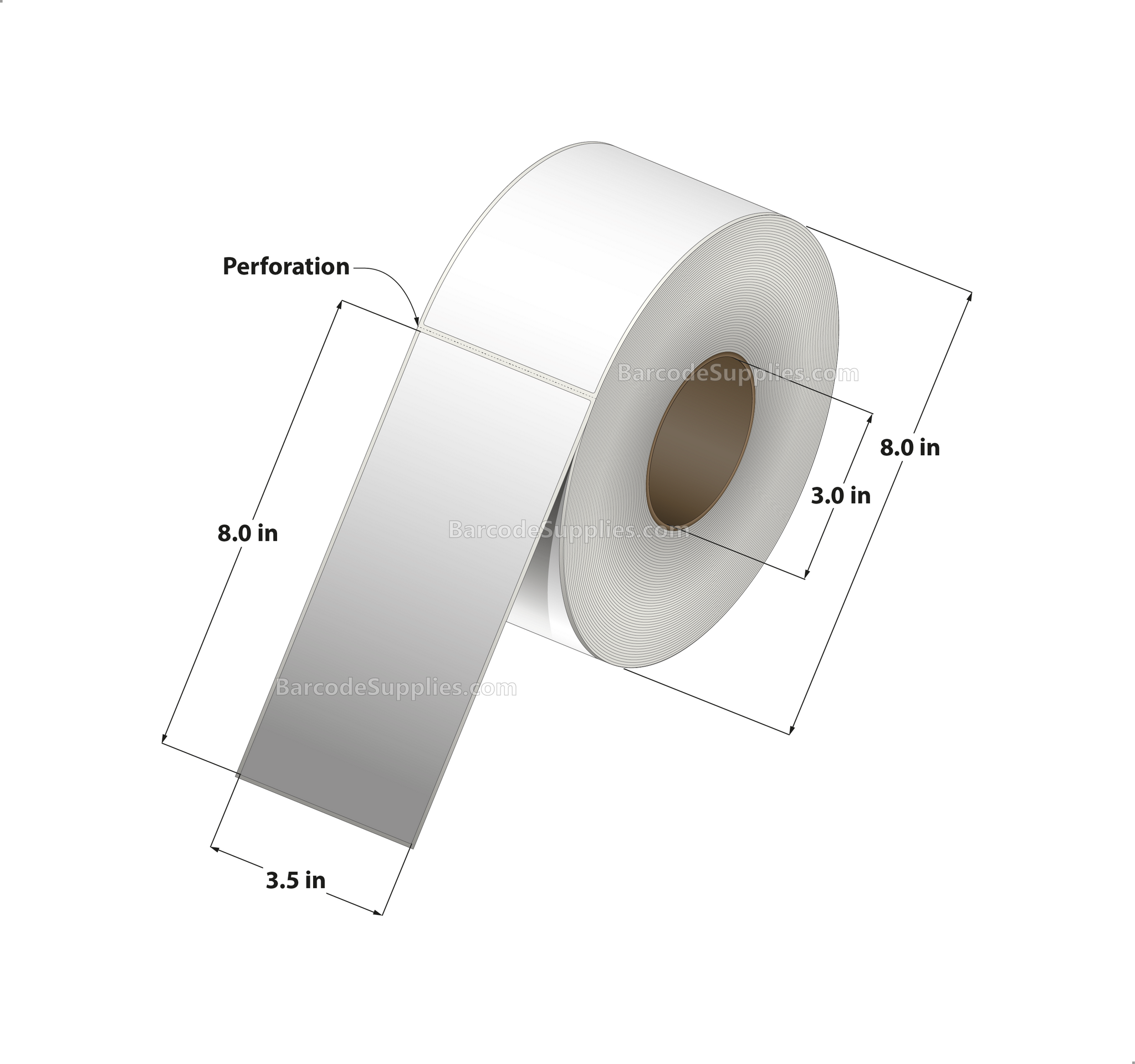 3.5 x 8 Thermal Transfer White Labels With Permanent Adhesive - Perforated - 750 Labels Per Roll - Carton Of 4 Rolls - 3000 Labels Total - MPN: RT-35-8-750-3