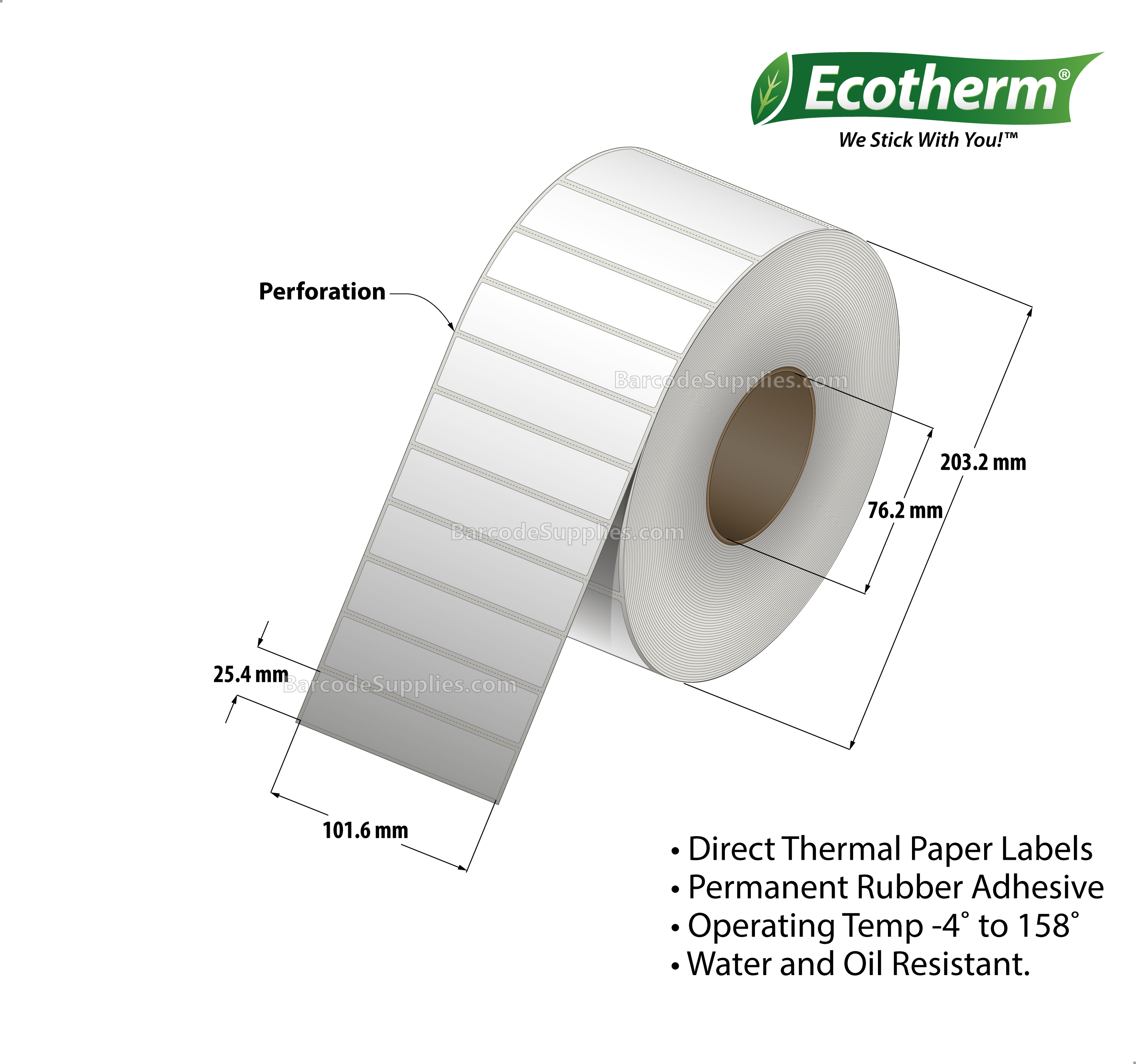 4 x 1 Direct Thermal White Labels With Rubber Adhesive - Perforated - 5600 Labels Per Roll - Carton Of 4 Rolls - 22400 Labels Total - MPN: DT8400100-3P-4