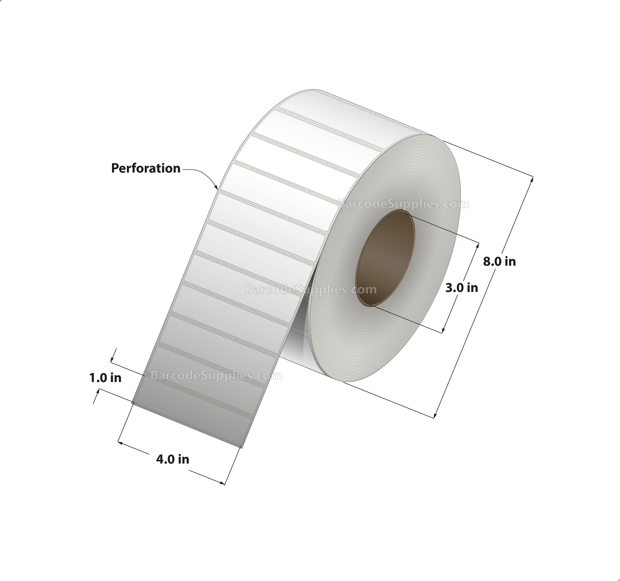 4 x 1 Direct Thermal White Labels With Acrylic Adhesive - Perforated - 5500 Labels Per Roll - Carton Of 4 Rolls - 22000 Labels Total - MPN: RDE-4-1-5500-3