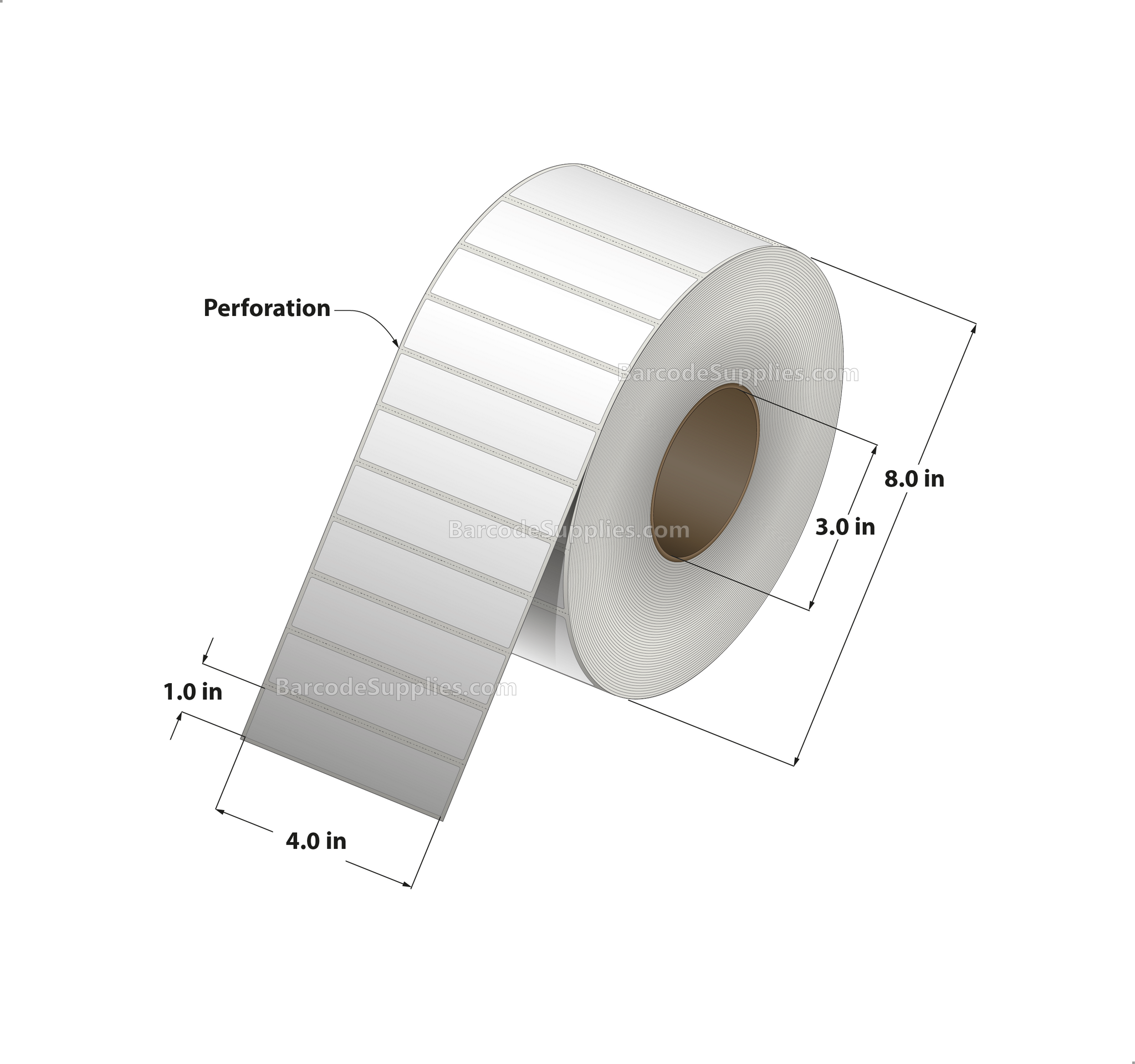 4 x 1 Thermal Transfer White Labels With Rubber Adhesive - Perforated - 5560 Labels Per Roll - Carton Of 4 Rolls - 22240 Labels Total - MPN: CTT400100-3P