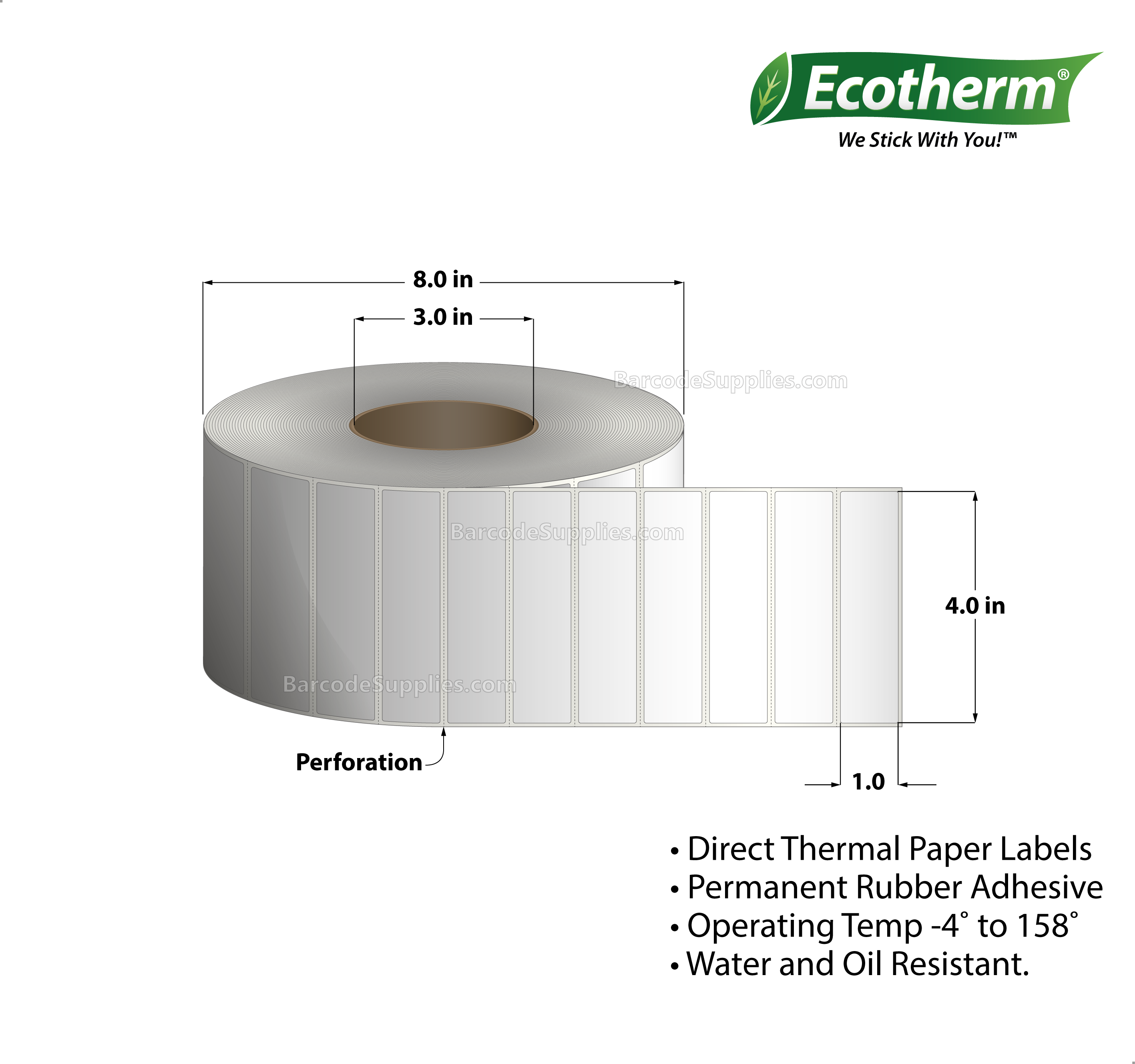 4 x 1 Direct Thermal White Labels With Rubber Adhesive - Perforated - 5600 Labels Per Roll - Carton Of 4 Rolls - 22400 Labels Total - MPN: DT8400100-3P-4