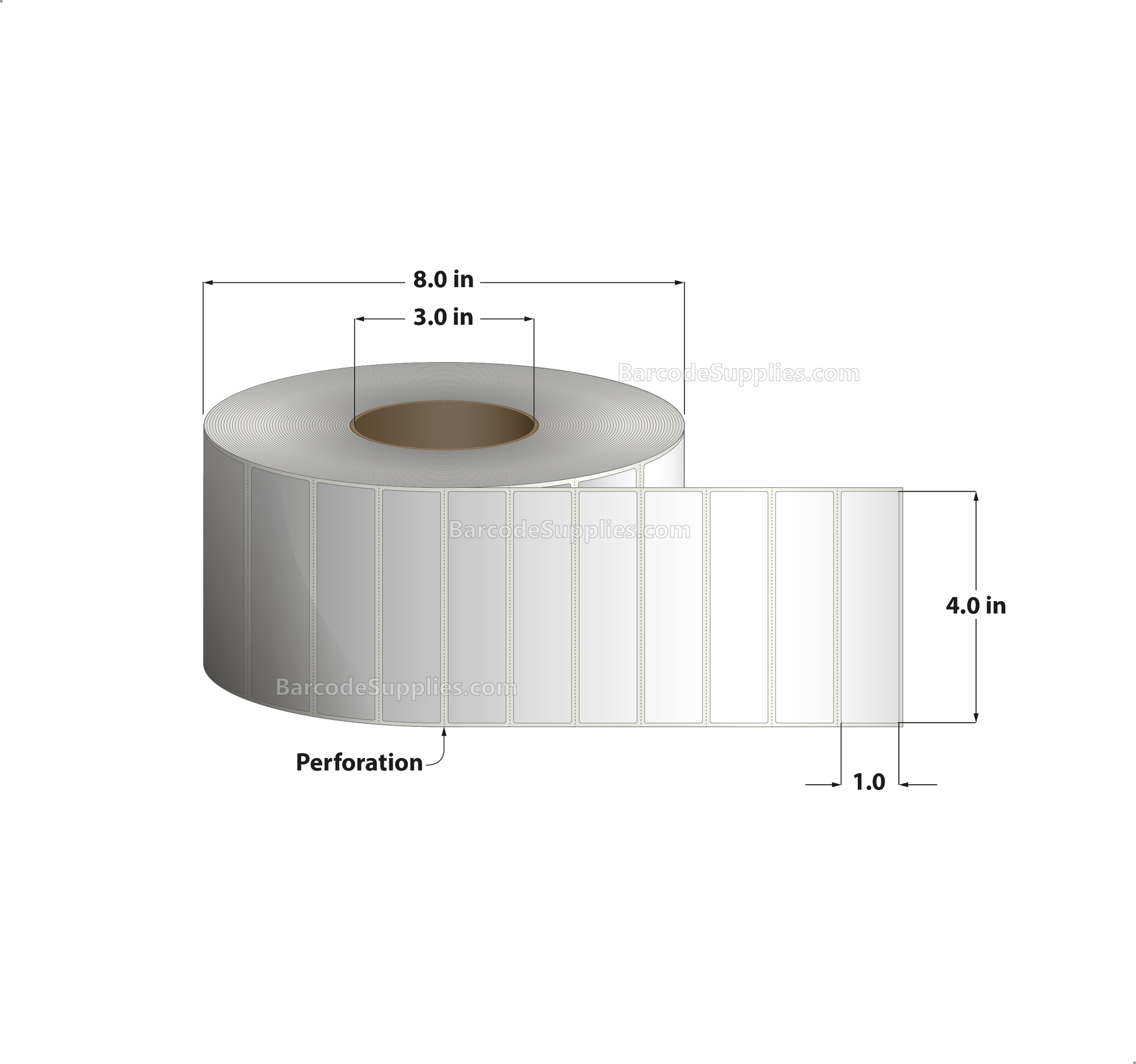 4 x 1 Direct Thermal White Labels With Acrylic Adhesive - Perforated - 5500 Labels Per Roll - Carton Of 4 Rolls - 22000 Labels Total - MPN: RDE-4-1-5500-3