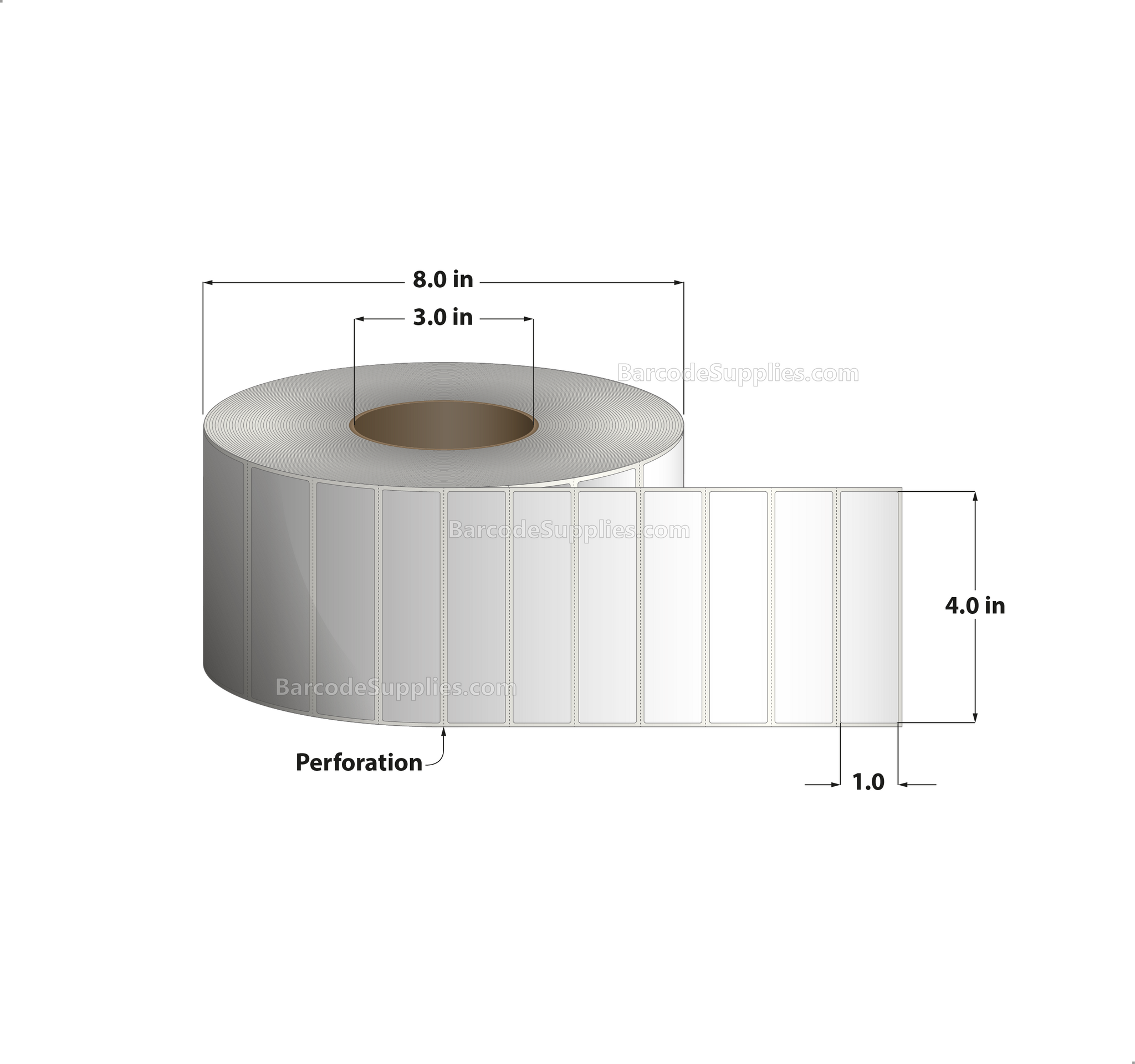 4 x 1 Direct Thermal White Labels With Acrylic Adhesive - Perforated - 5500 Labels Per Roll - Carton Of 4 Rolls - 22000 Labels Total - MPN: RDS-4-1-5500-3