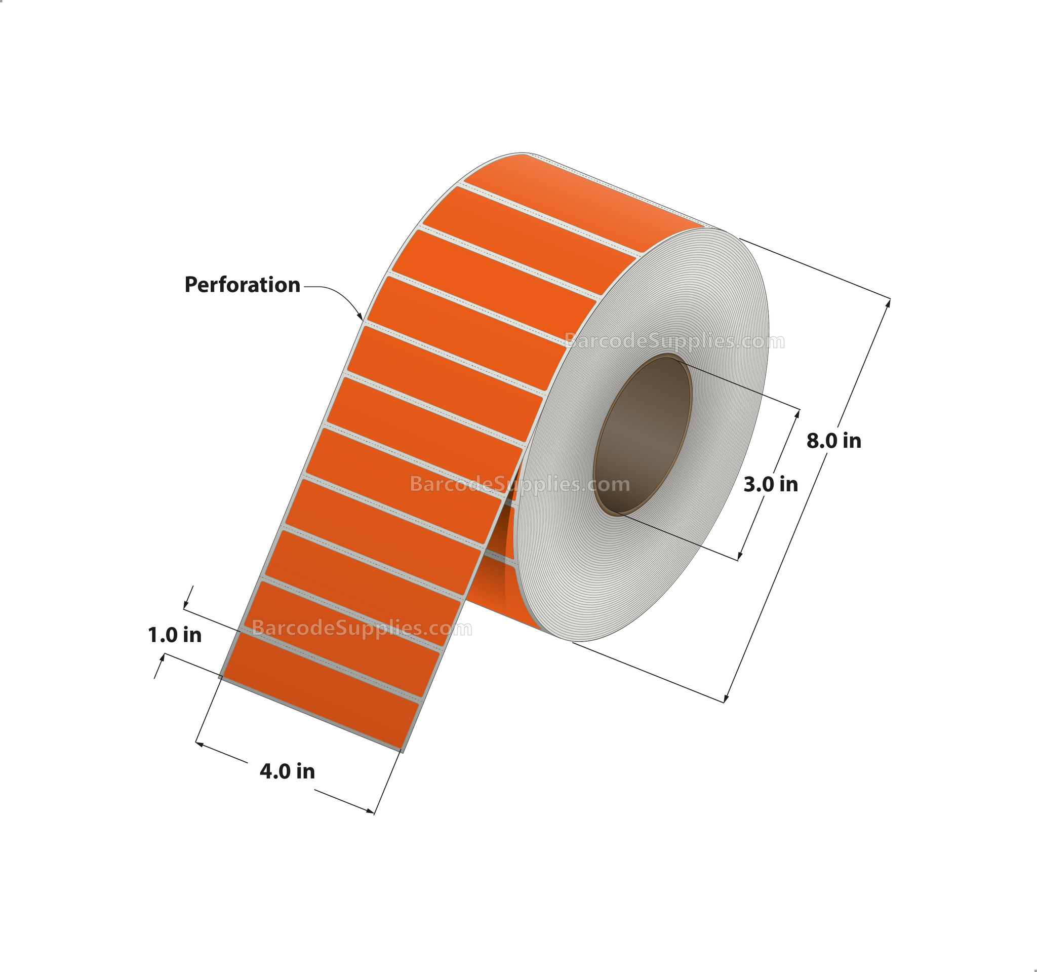 4 x 1 Thermal Transfer 1495 Orange Labels With Permanent Adhesive - Perforated - 5500 Labels Per Roll - Carton Of 4 Rolls - 22000 Labels Total - MPN: RFC-4-1-5500-OR