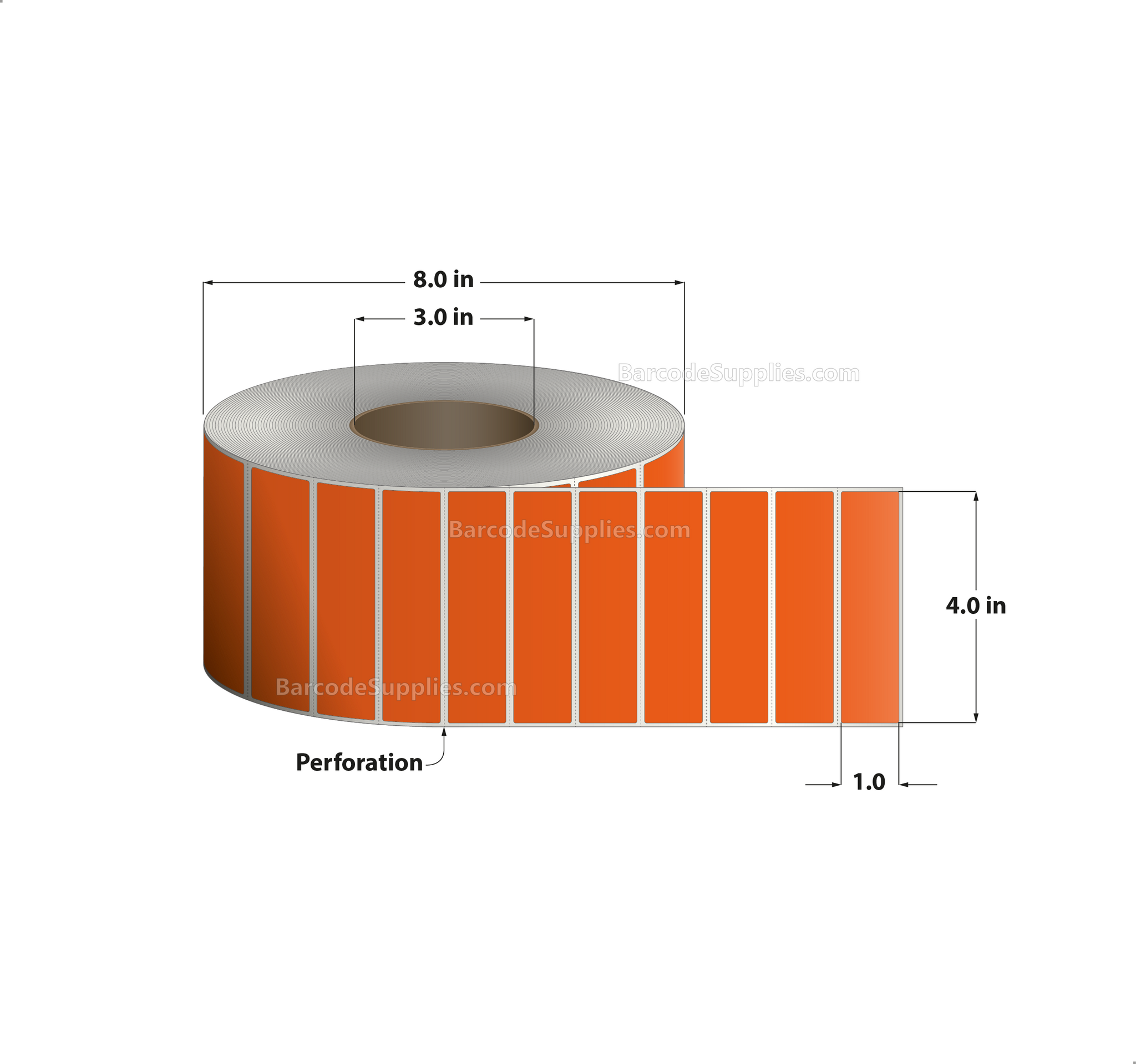 4 x 1 Thermal Transfer 1495 Orange Labels With Permanent Adhesive - Perforated - 5500 Labels Per Roll - Carton Of 4 Rolls - 22000 Labels Total - MPN: RFC-4-1-5500-OR