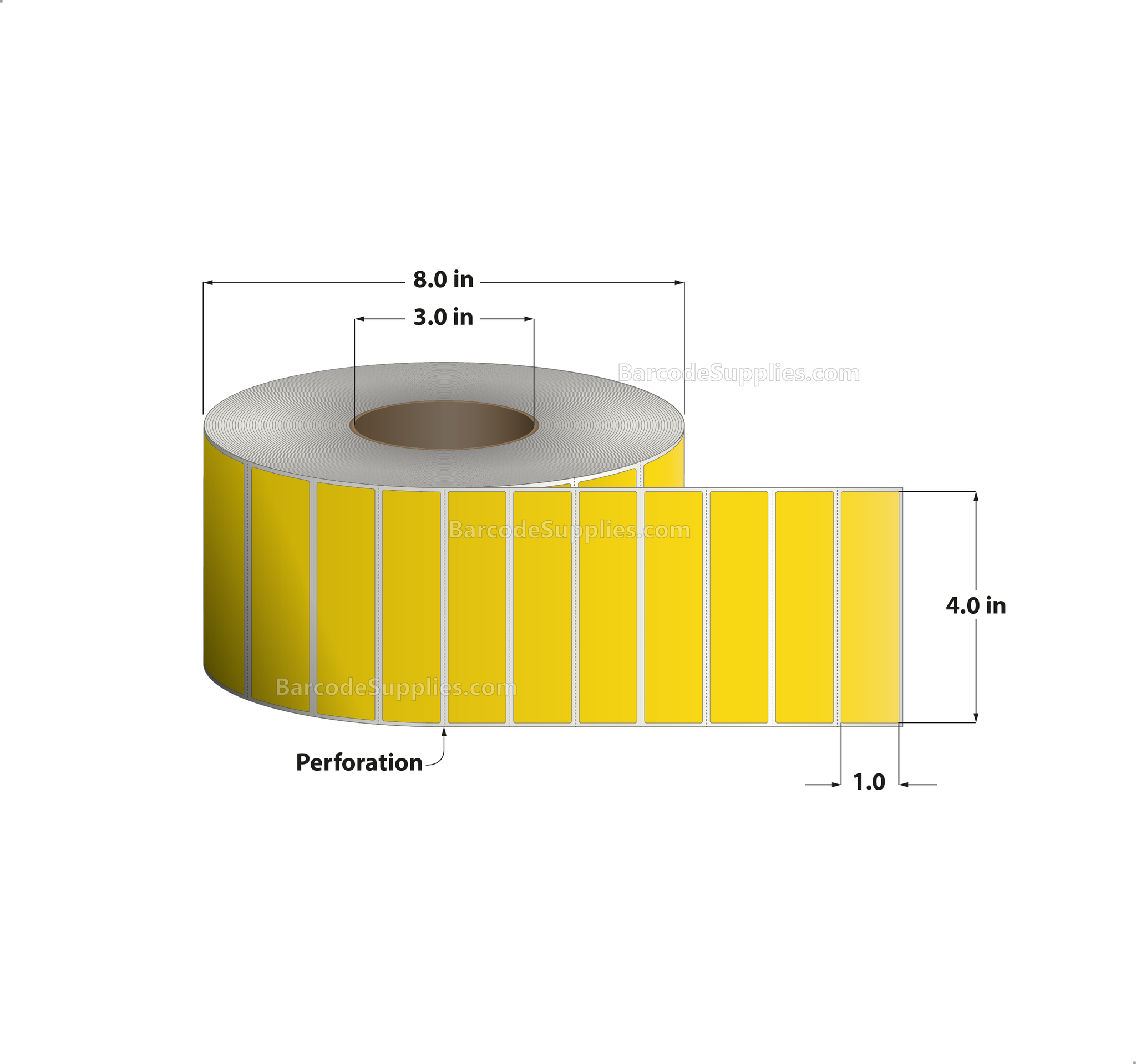 4 x 1 Thermal Transfer Pantone Yellow Labels With Permanent Adhesive - Perforated - 5500 Labels Per Roll - Carton Of 4 Rolls - 22000 Labels Total - MPN: RFC-4-1-5500-YL