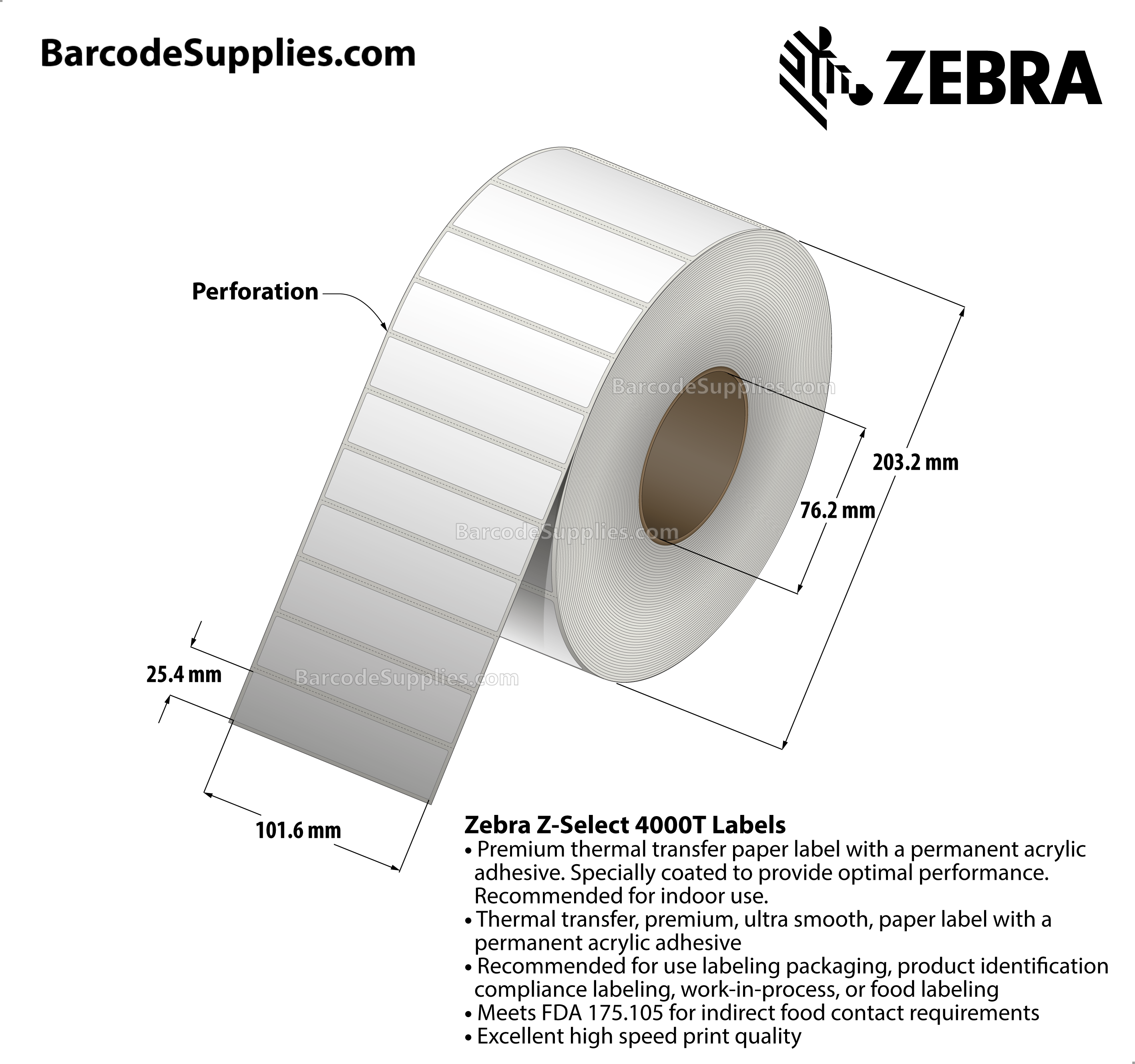 4 x 1 Thermal Transfer White Z-Select 4000T Labels With Permanent Adhesive - Perforated - 4970 Labels Per Roll - Carton Of 4 Rolls - 19880 Labels Total - MPN: 92071