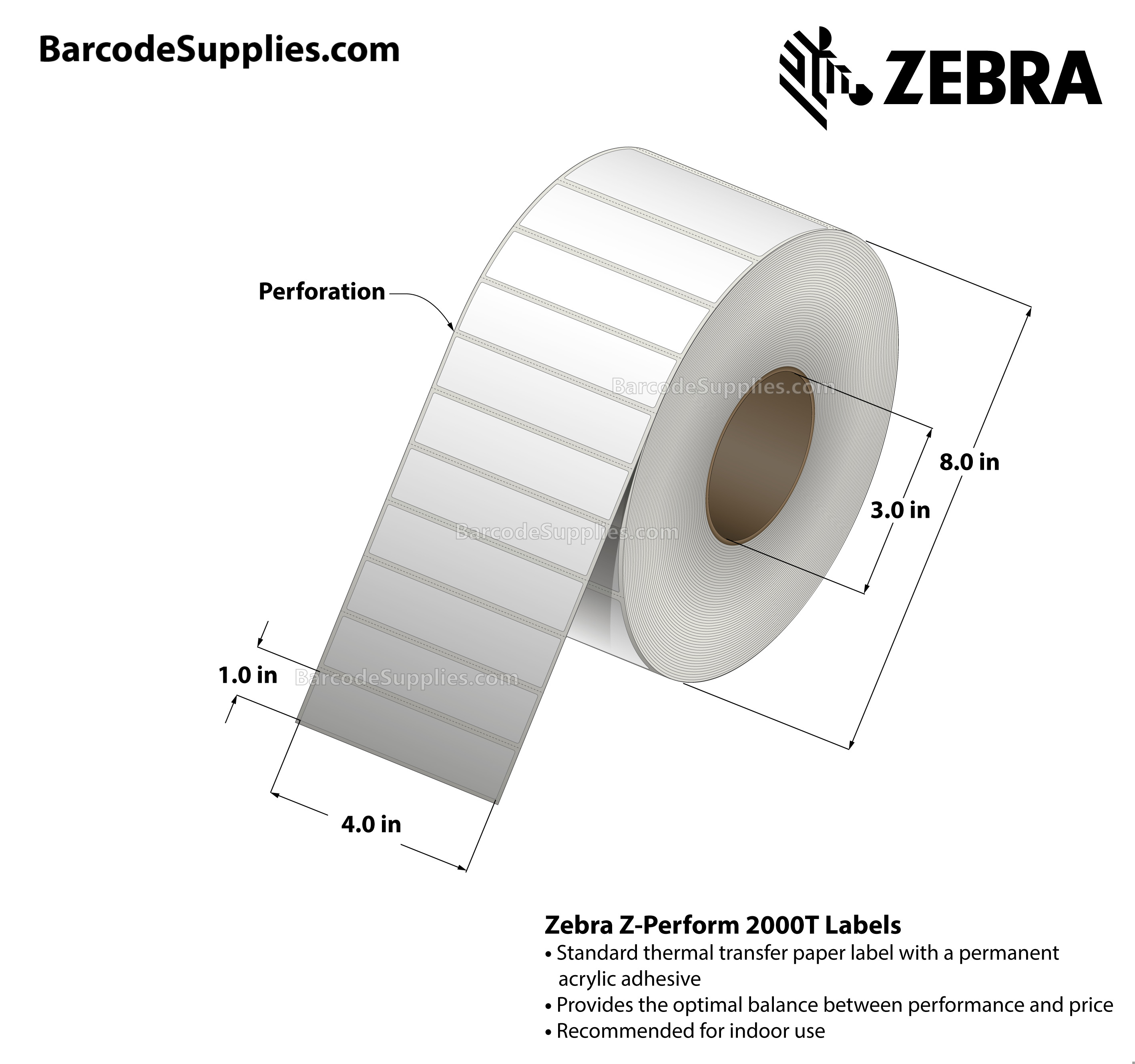 4 x 1 Thermal Transfer White Z-Perform 2000T Labels With Permanent Adhesive - Perforated - 5470 Labels Per Roll - Carton Of 4 Rolls - 21880 Labels Total - MPN: 10010244