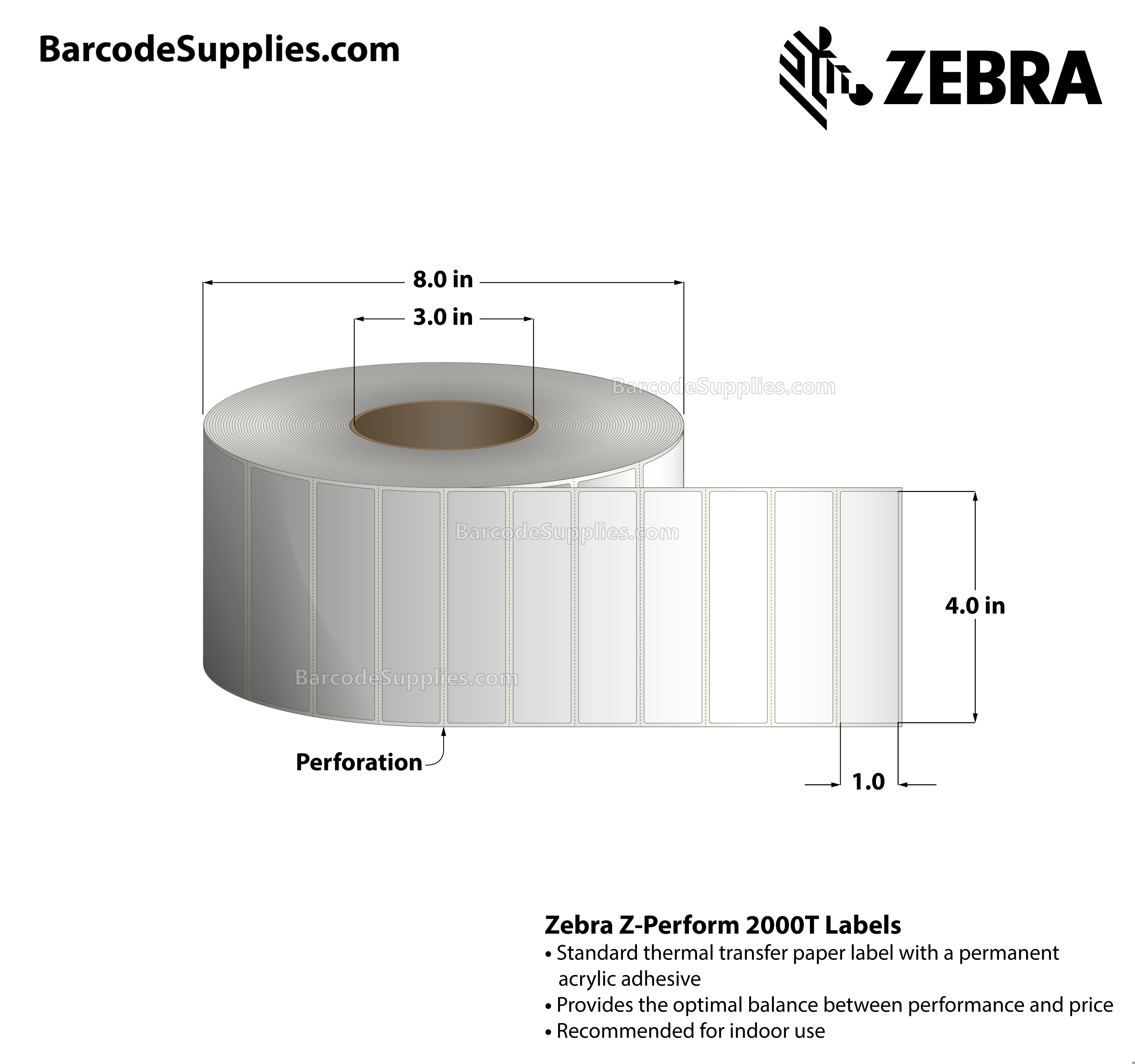 4 x 1 Thermal Transfer White Z-Perform 2000T Labels With Permanent Adhesive - Perforated - 5470 Labels Per Roll - Carton Of 4 Rolls - 21880 Labels Total - MPN: 10010244