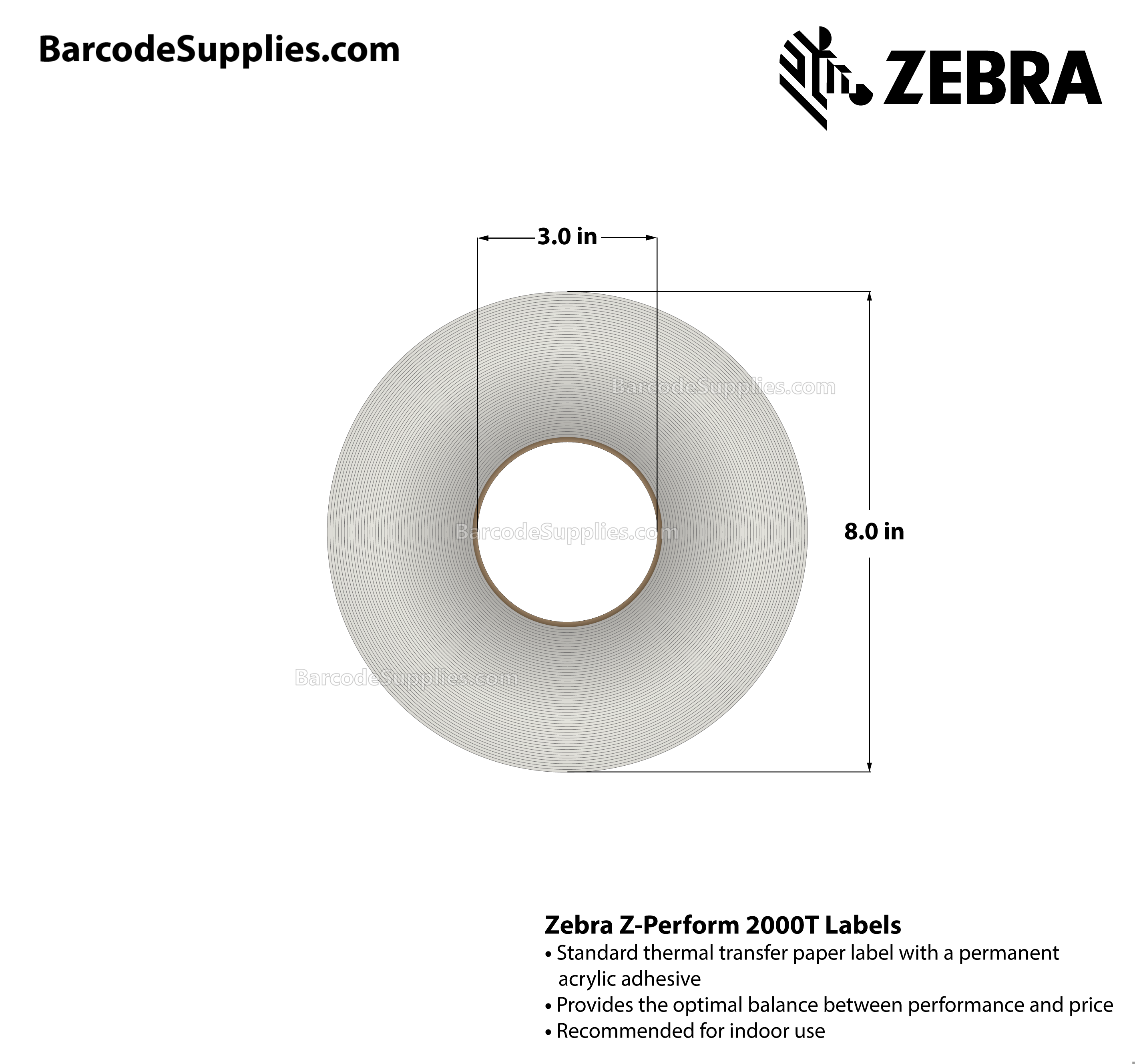 4 x 1 Thermal Transfer White Z-Perform 2000T Labels With Permanent Adhesive - Perforated - 5470 Labels Per Roll - Carton Of 4 Rolls - 21880 Labels Total - MPN: 10010244