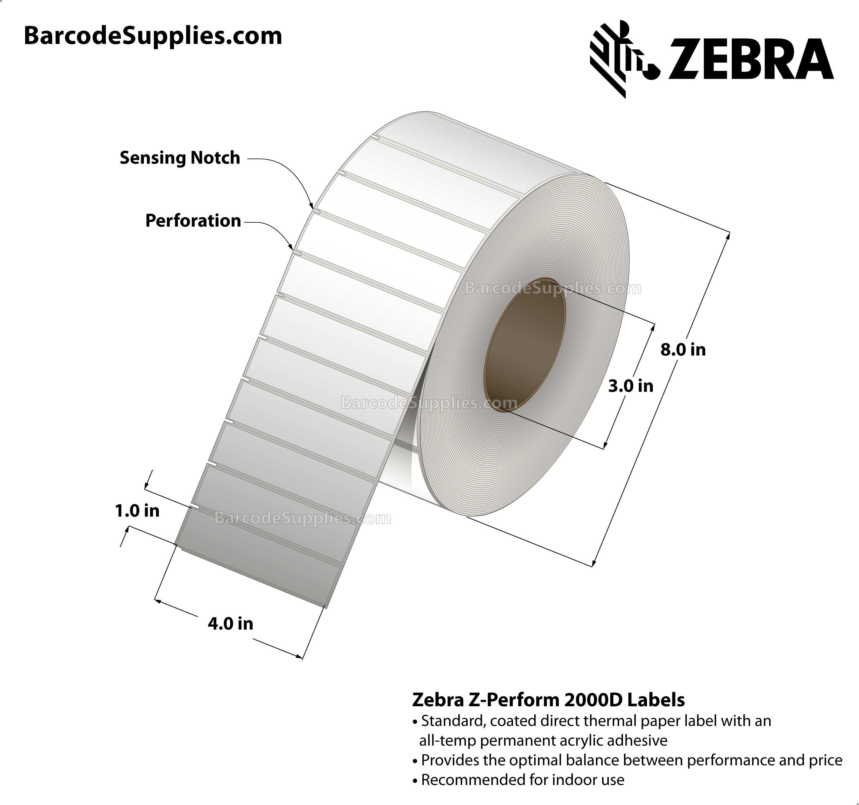 4 x 1 Direct Thermal White Z-Perform 2000D Labels With Permanent Adhesive - Label has square edges and side sensing notches on left side. - Perforated - 6000 Labels Per Roll - Carton Of 2 Rolls - 12000 Labels Total - MPN: 10025354