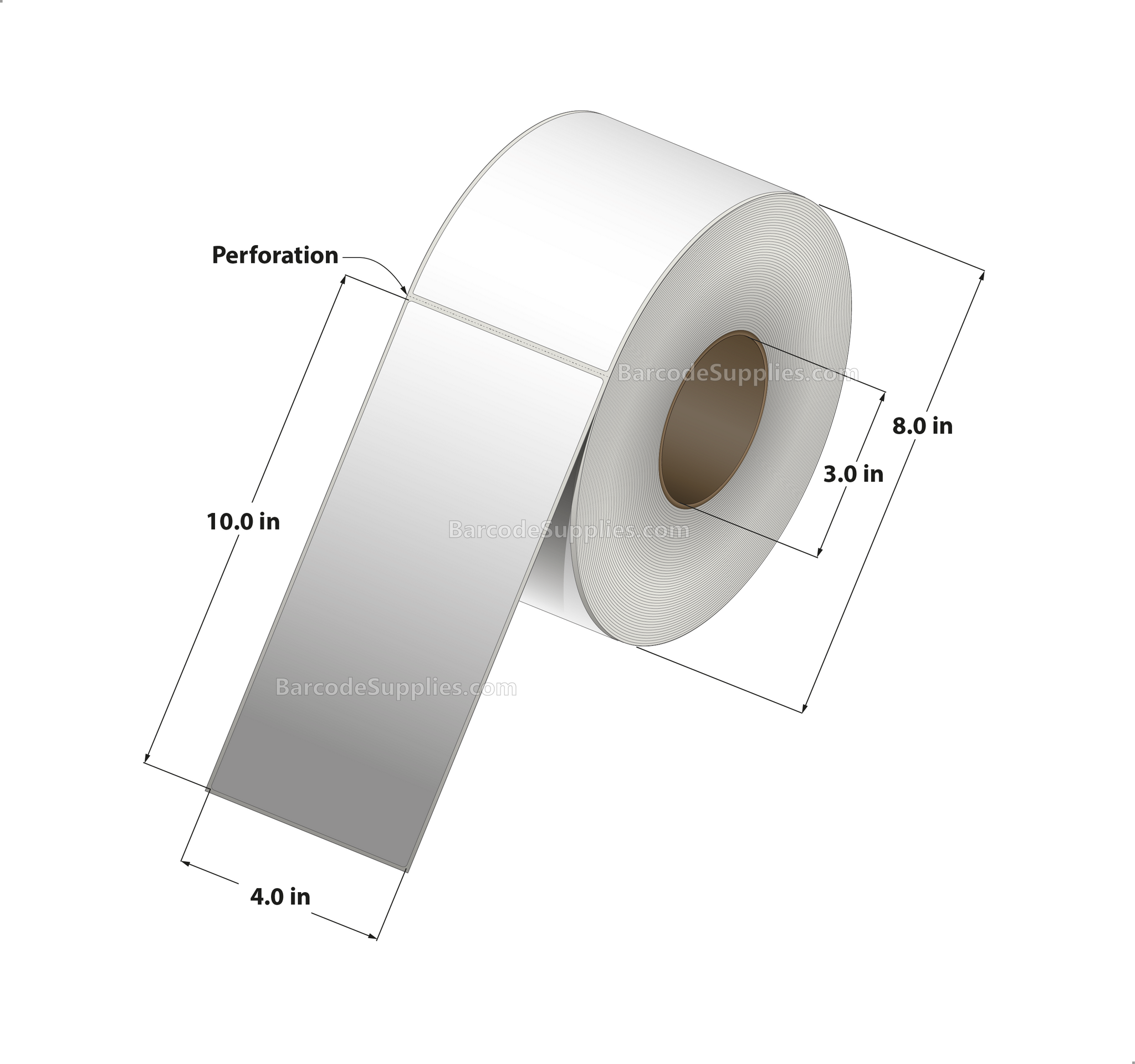 4 x 10 Thermal Transfer White Labels With Permanent Adhesive - Perforated - 600 Labels Per Roll - Carton Of 4 Rolls - 2400 Labels Total - MPN: RT-4-10-600-3