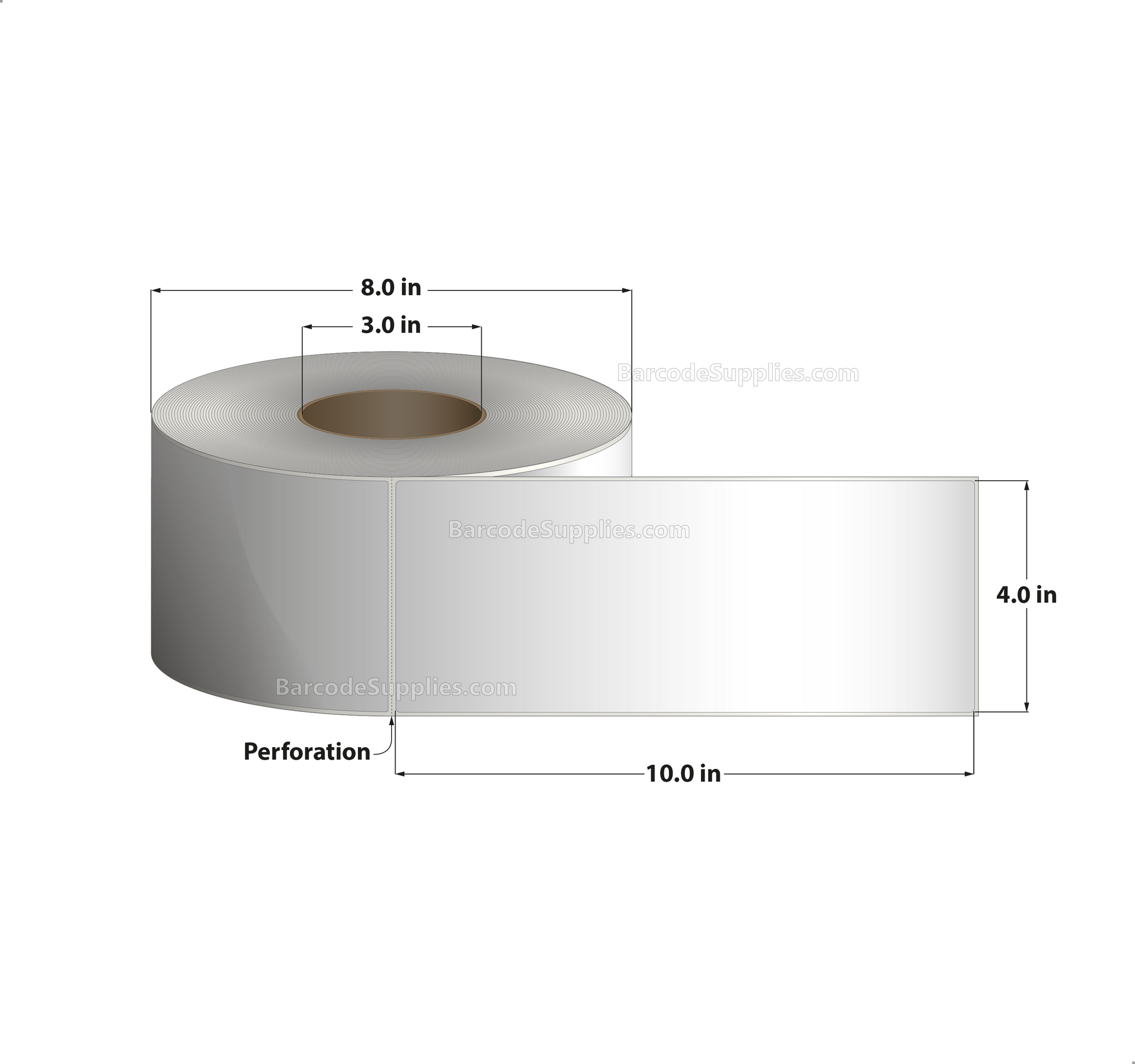 4 x 10 Thermal Transfer White Labels With Permanent Adhesive - Perforated - 600 Labels Per Roll - Carton Of 4 Rolls - 2400 Labels Total - MPN: RT-4-10-600-3