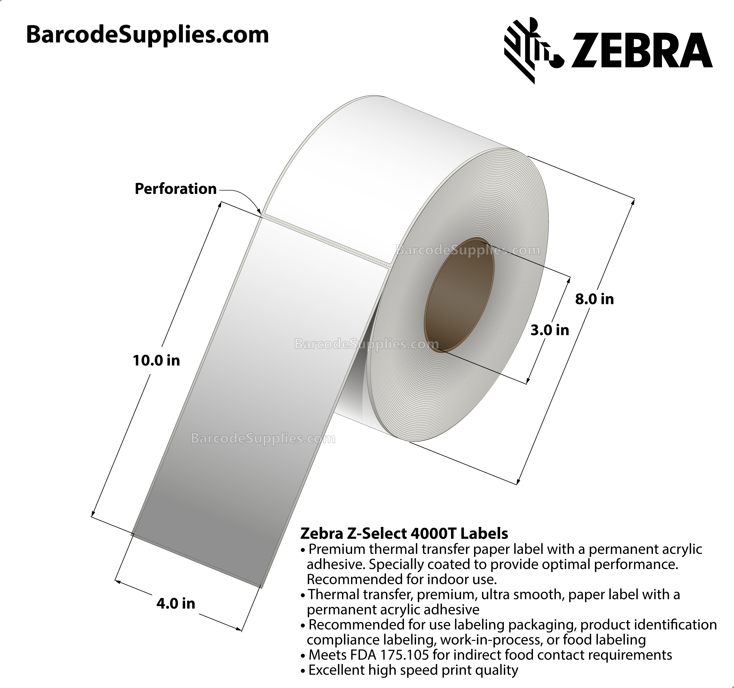 4 x 10 Thermal Transfer White Z-Select 4000T Labels With Permanent Adhesive - Perforated - 550 Labels Per Roll - Carton Of 4 Rolls - 2200 Labels Total - MPN: 94682