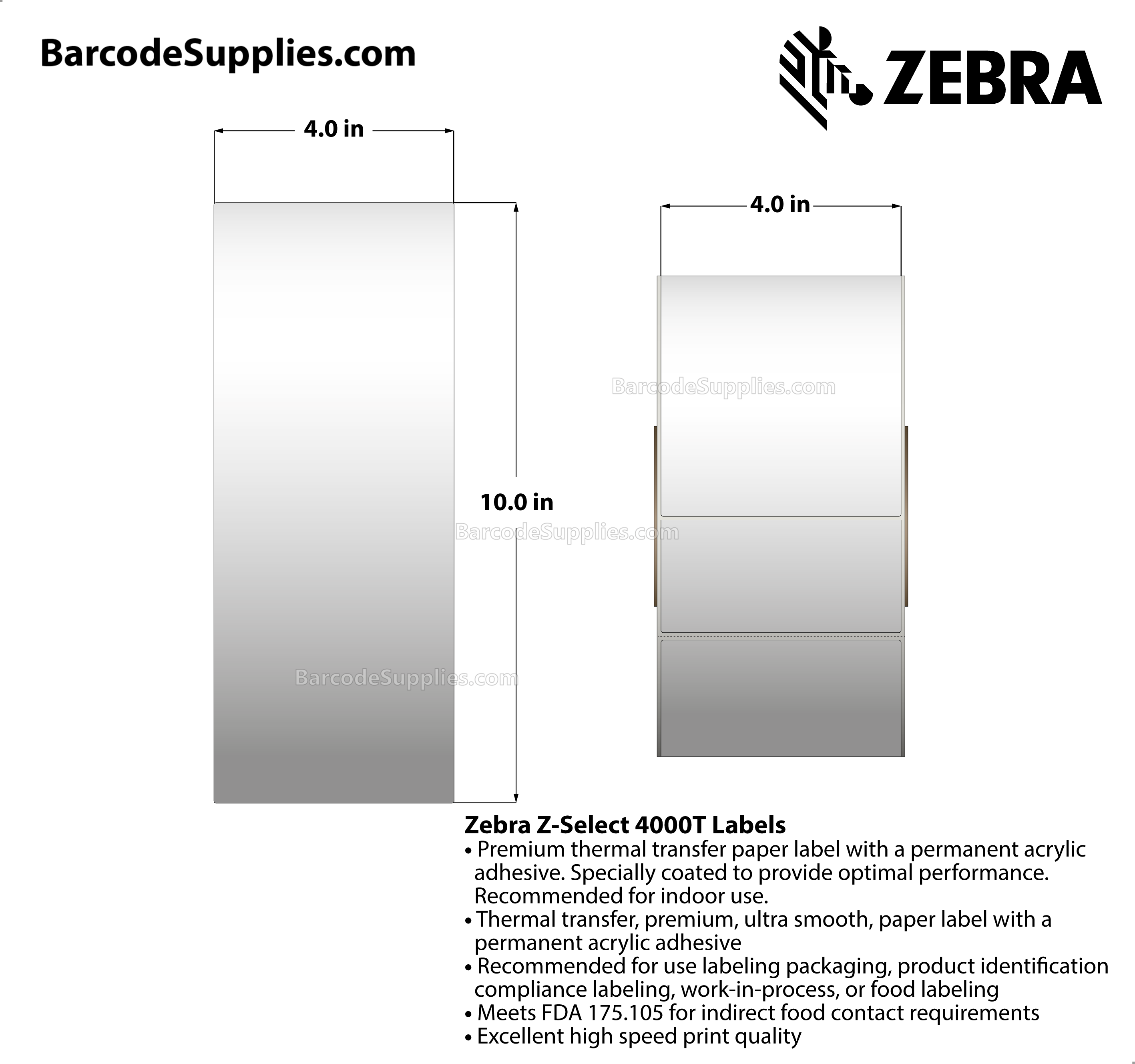 4 x 10 Thermal Transfer White Z-Select 4000T Labels With Permanent Adhesive - Perforated - 550 Labels Per Roll - Carton Of 4 Rolls - 2200 Labels Total - MPN: 94682