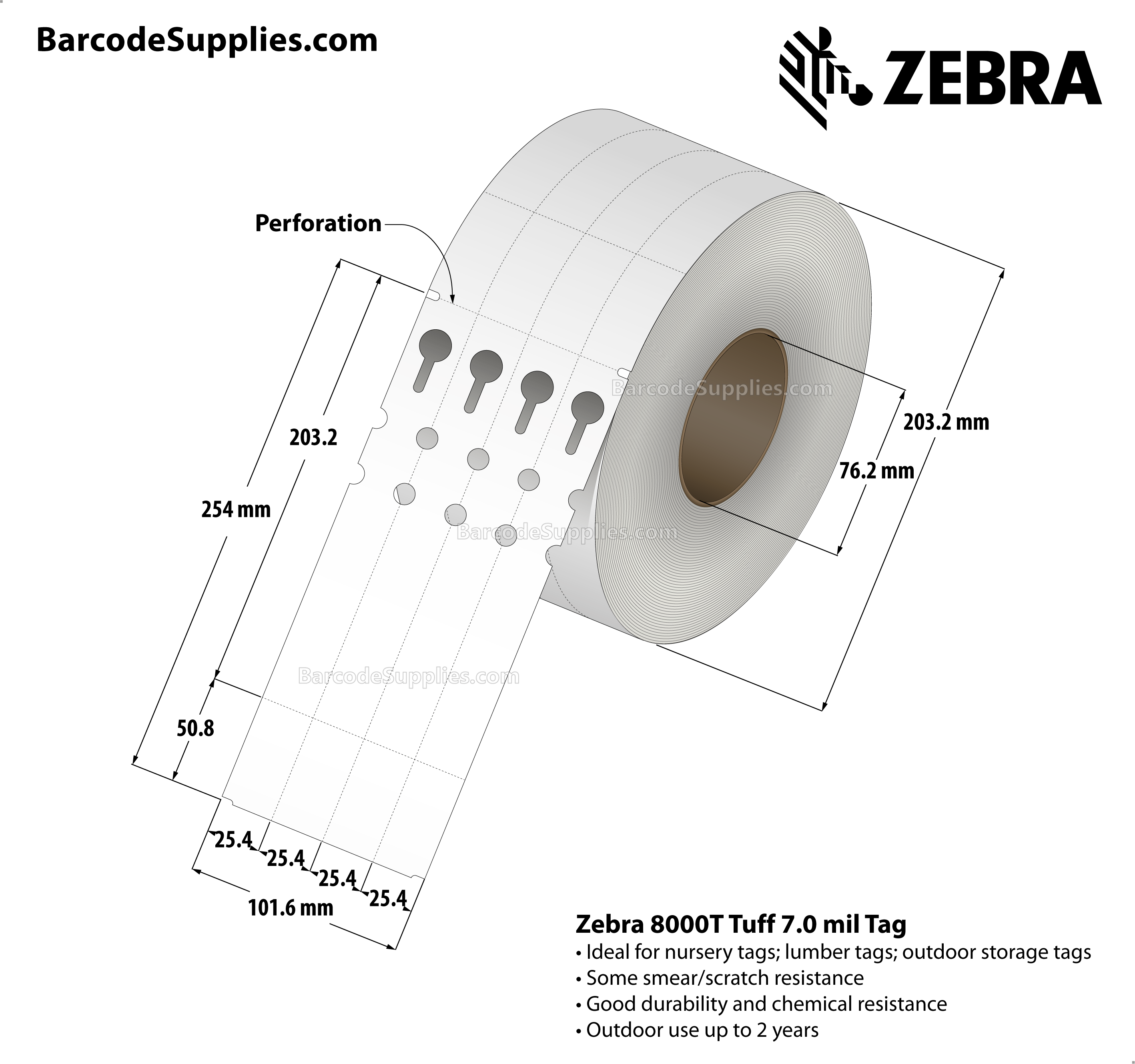 1 x 10 Thermal Transfer White 8000T Tuff 7.0 mil Tag Tags With No Adhesive - Nursery tag - Perforated - 1920 Tags Per Roll - Carton Of 4 Rolls - 7680 Tags Total - MPN: 69531