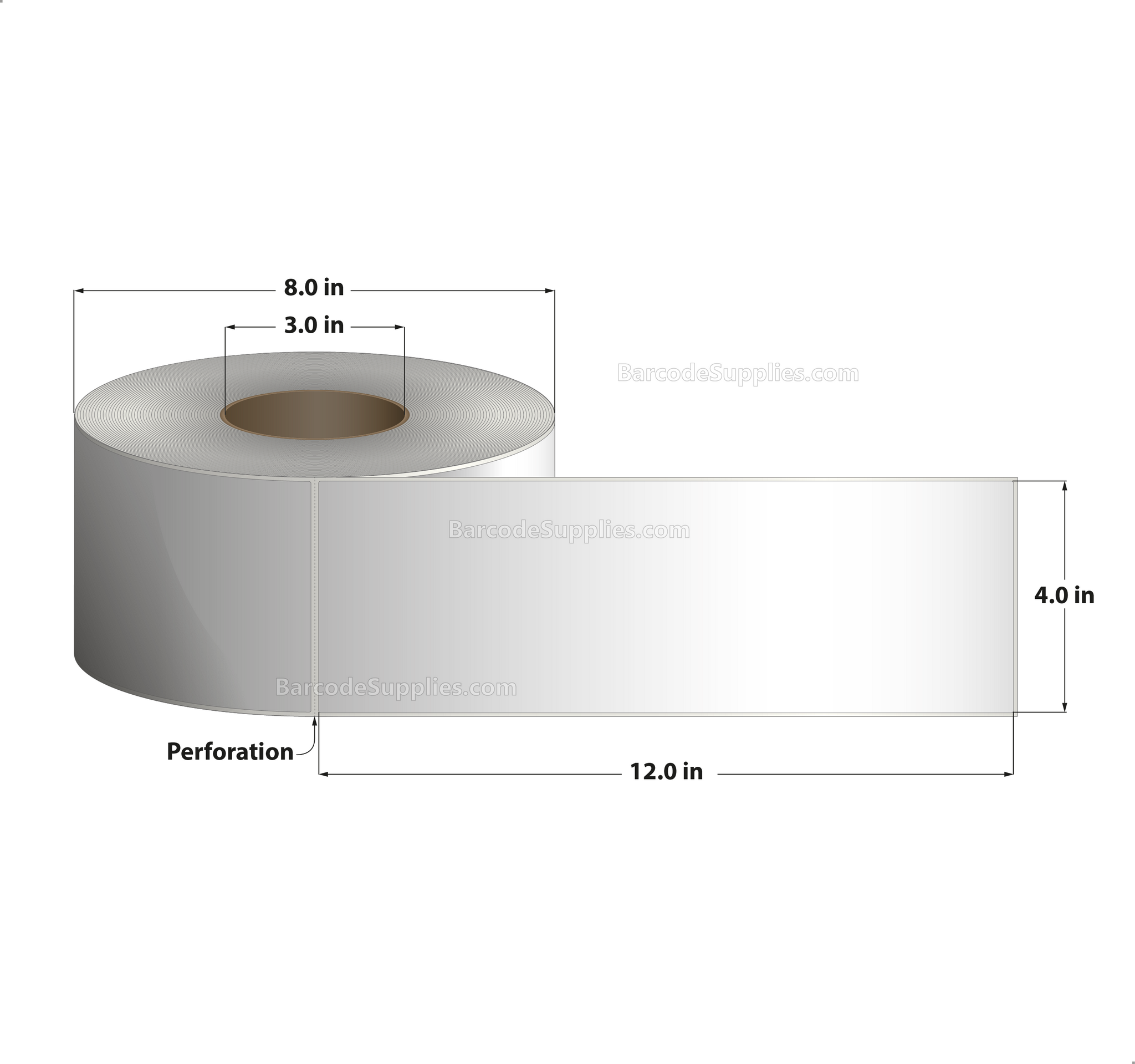 4 x 12 Thermal Transfer White Labels With Permanent Adhesive - Perforated - 500 Labels Per Roll - Carton Of 4 Rolls - 2000 Labels Total - MPN: RT-4-12-500-3