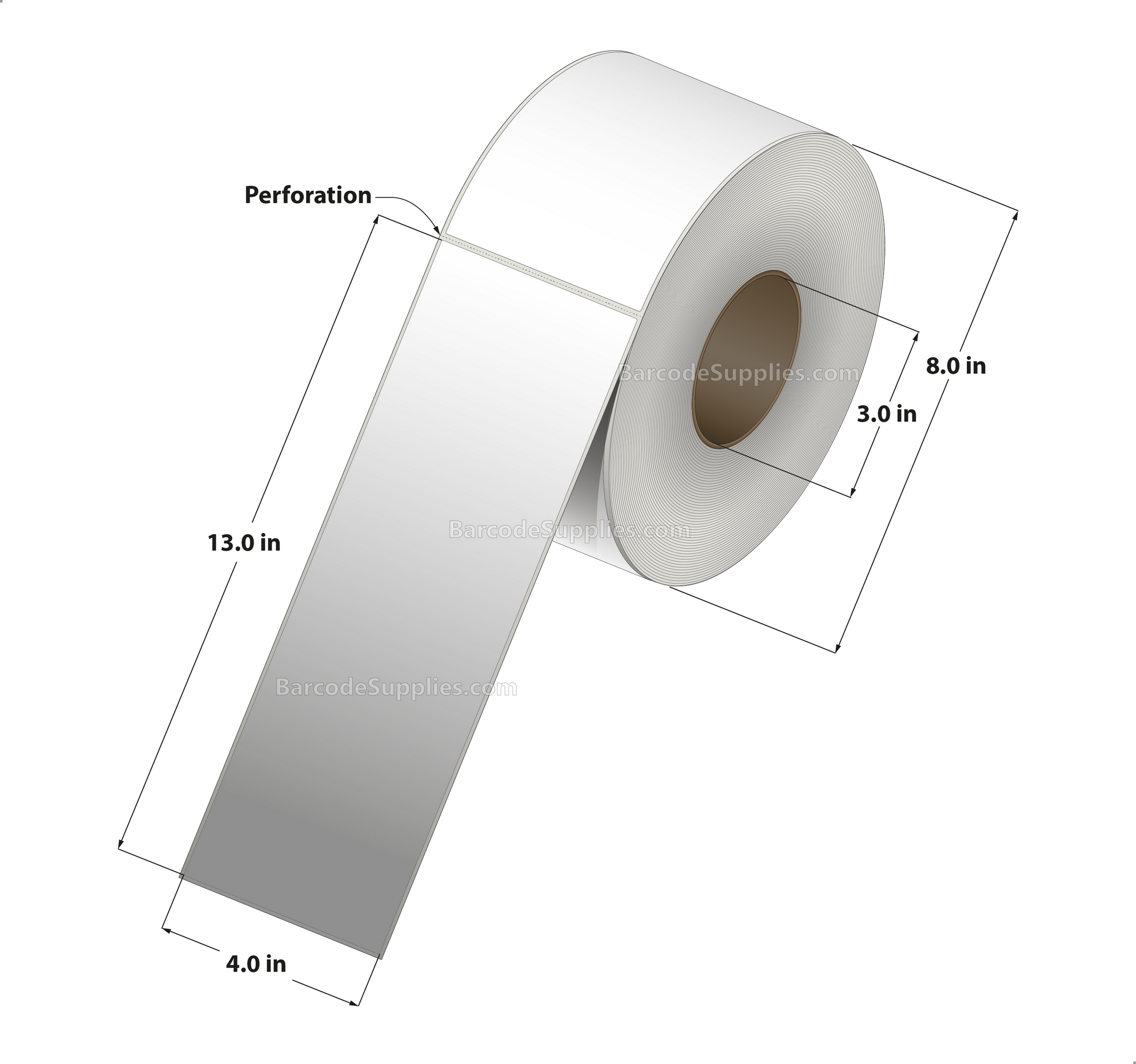 4 x 13 Thermal Transfer White Labels With Permanent Adhesive - Perforated - 450 Labels Per Roll - Carton Of 4 Rolls - 1800 Labels Total - MPN: RT-4-13-450-3