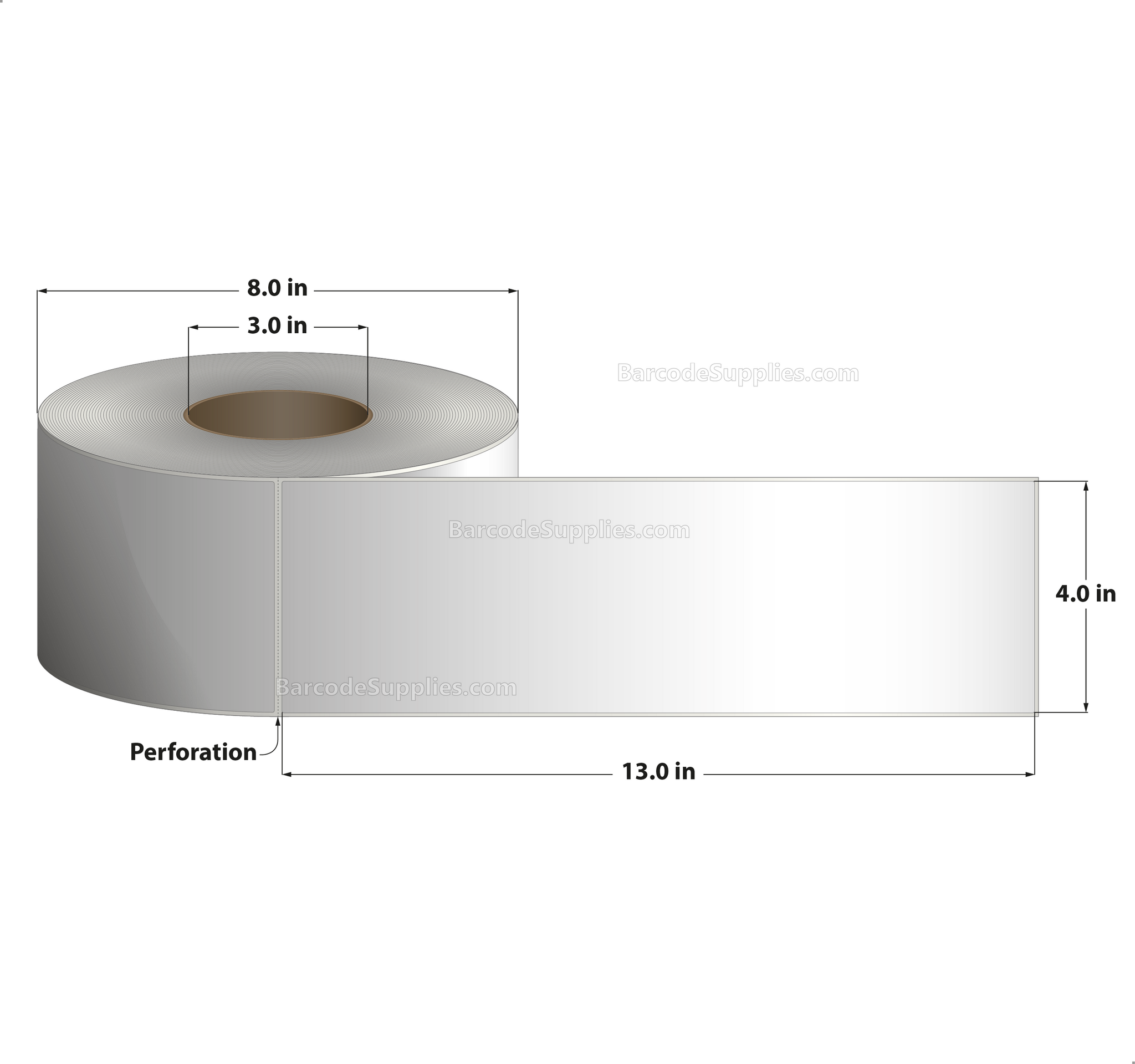 4 x 13 Thermal Transfer White Labels With Permanent Adhesive - Perforated - 450 Labels Per Roll - Carton Of 4 Rolls - 1800 Labels Total - MPN: RT-4-13-450-3