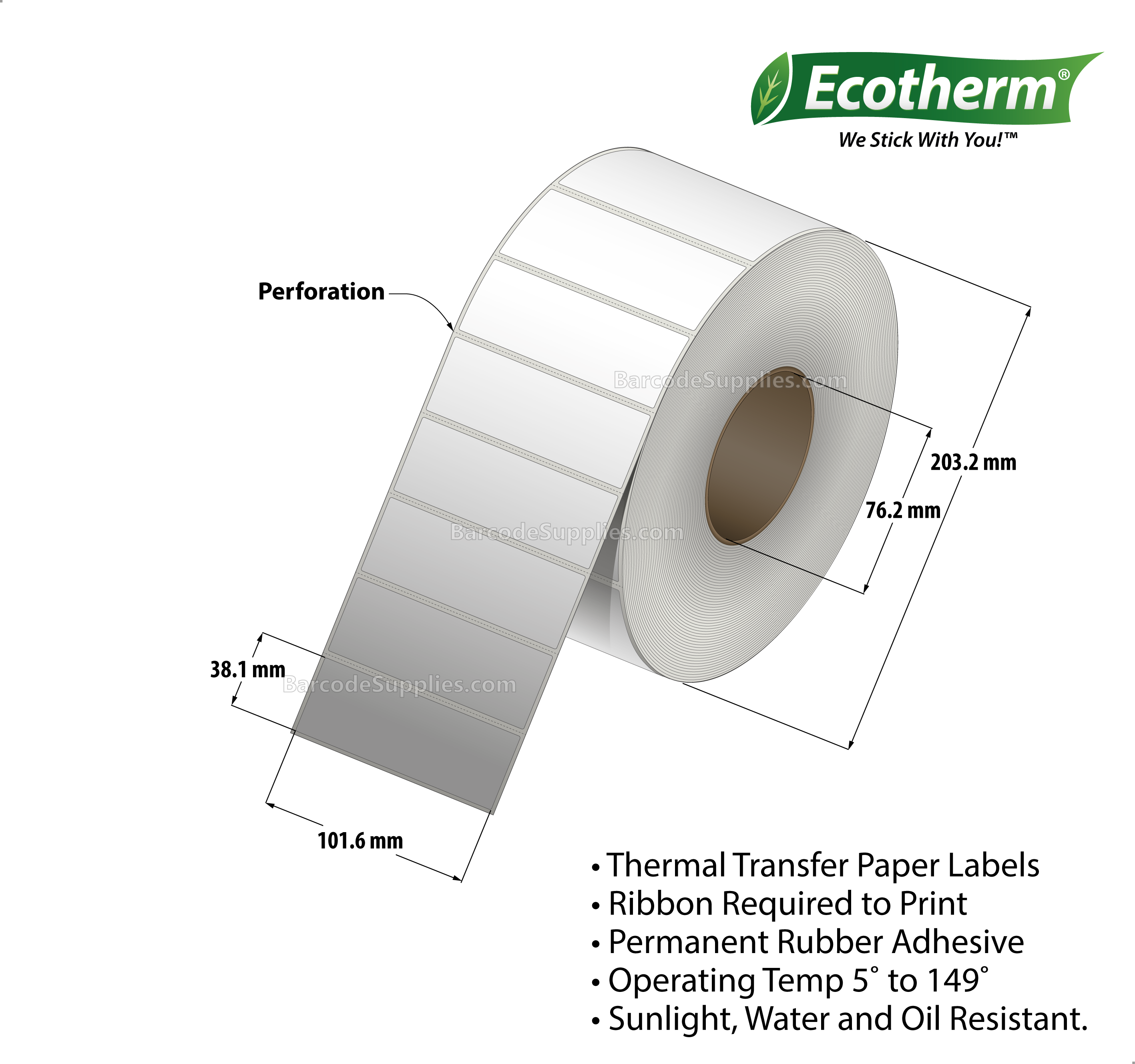 4 x 1.5 Thermal Transfer White Labels With Rubber Adhesive - Perforated - 3850 Labels Per Roll - Carton Of 4 Rolls - 15400 Labels Total - MPN: ECOTHERM28135-4