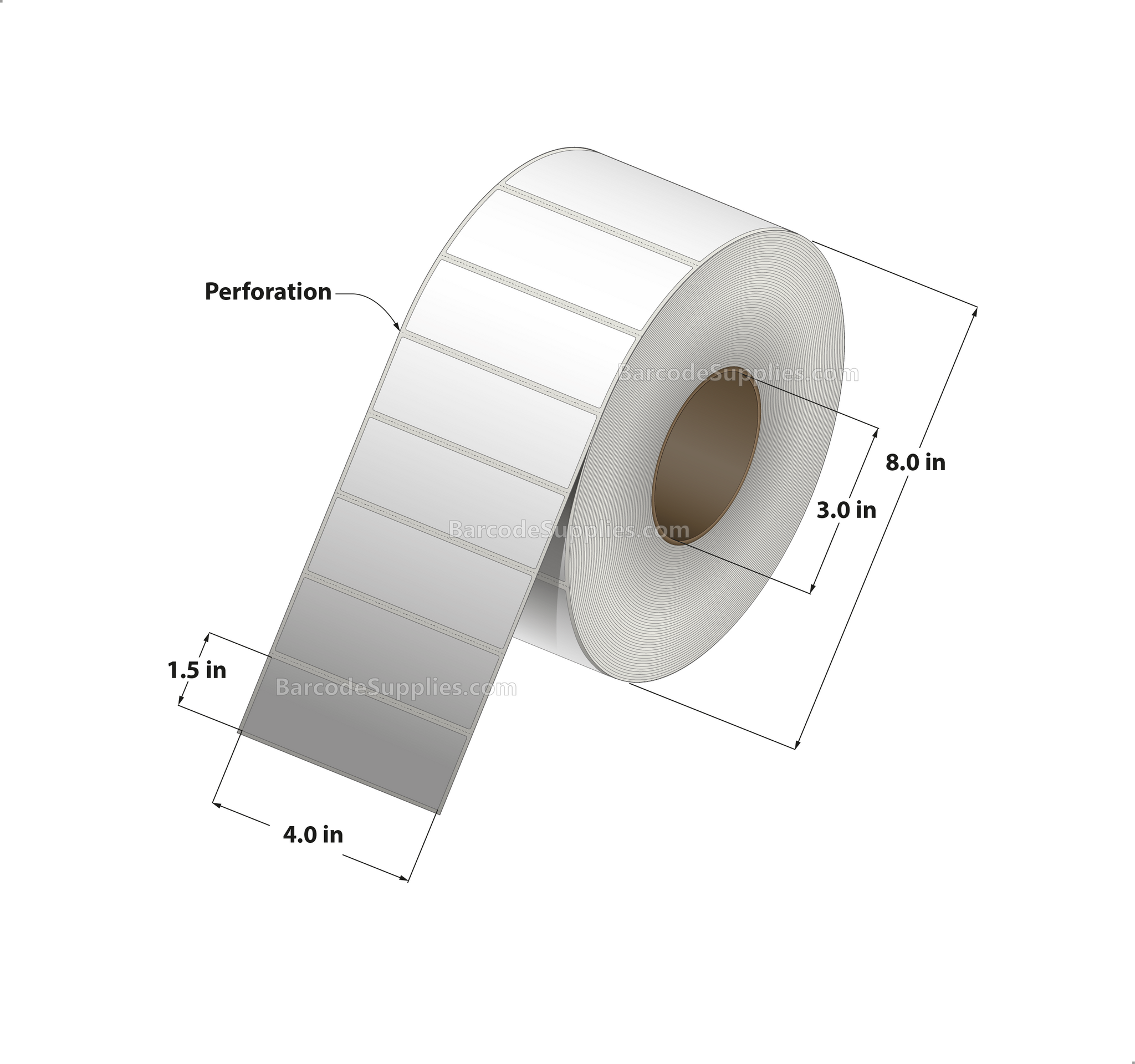 4 x 1.5 Direct Thermal White Labels With Acrylic Adhesive - Perforated - 3600 Labels Per Roll - Carton Of 4 Rolls - 14400 Labels Total - MPN: RD-4-15-3600-3 - BarcodeSource, Inc.