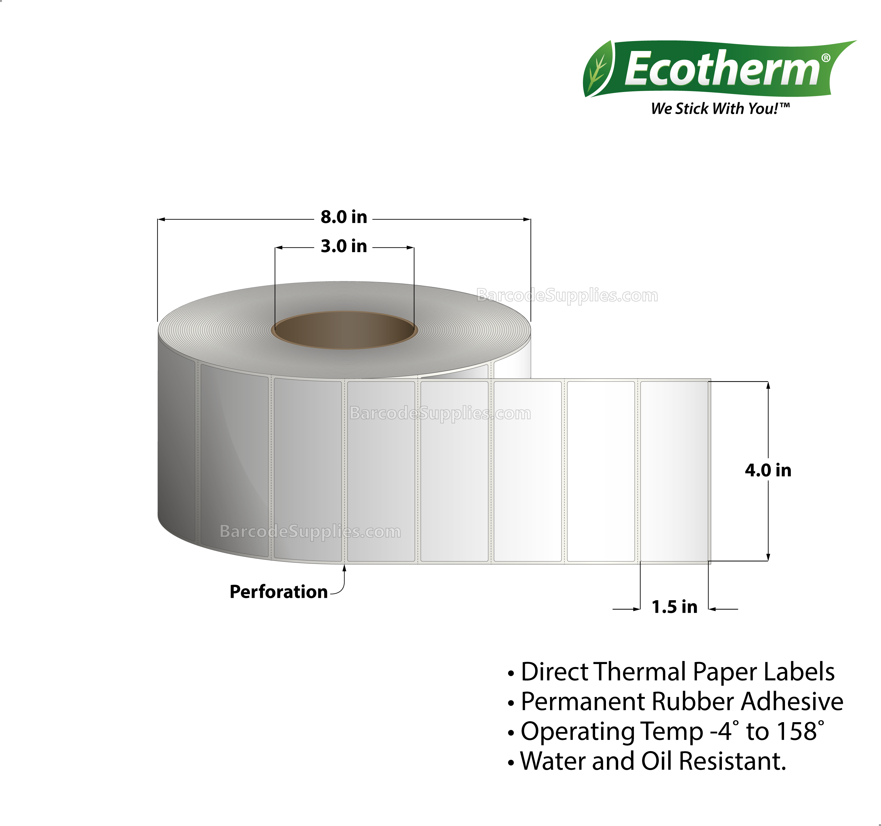 Products 4 x 1.5 Thermal Transfer White Labels With Rubber Adhesive - Perforated - 3850 Labels Per Roll - Carton Of 1 Rolls - 3850 Labels Total - MPN: ECOTHERM28135-1
