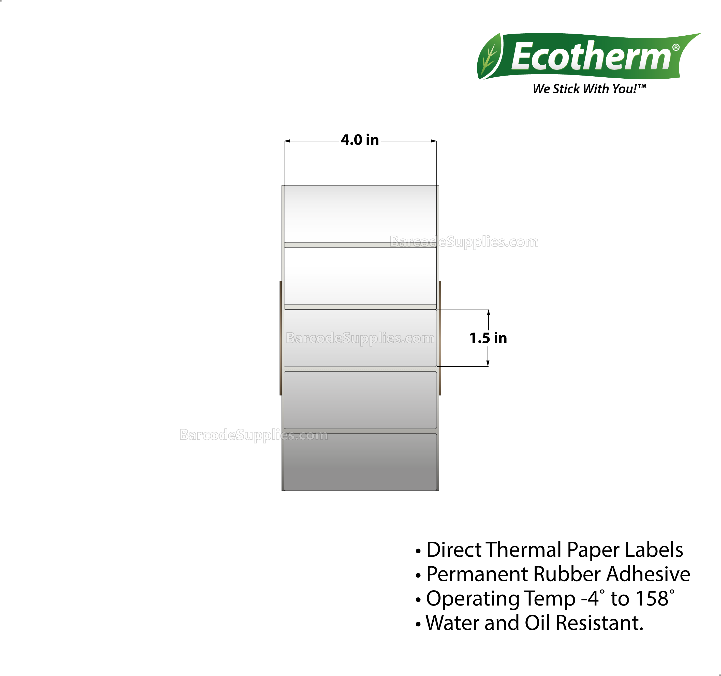 Products 4 x 1.5 Thermal Transfer White Labels With Rubber Adhesive - Perforated - 3850 Labels Per Roll - Carton Of 1 Rolls - 3850 Labels Total - MPN: ECOTHERM28135-1