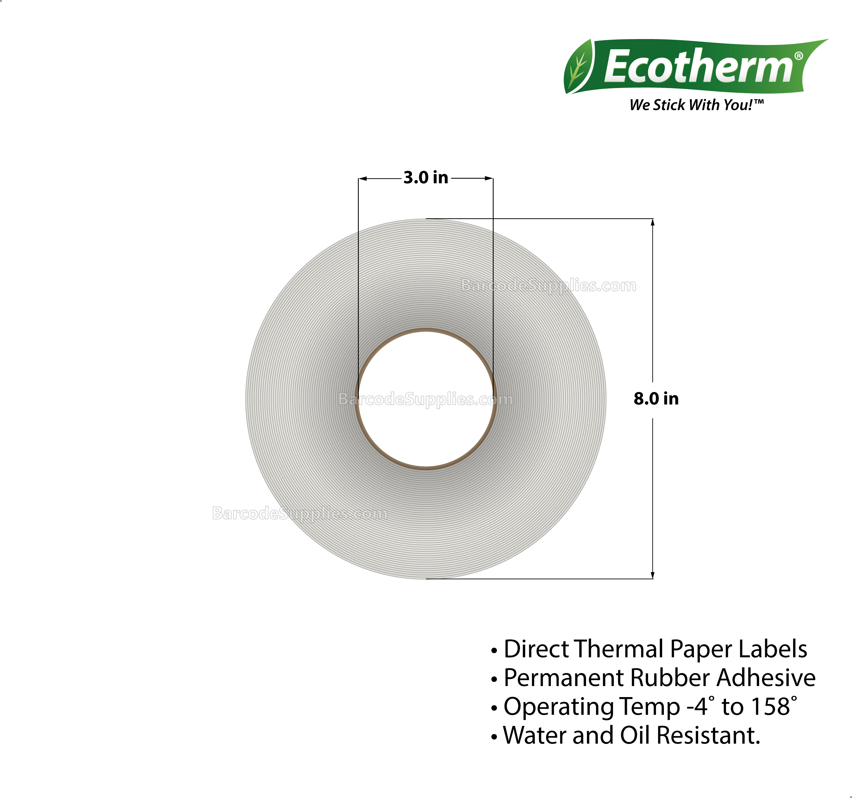 Products 4 x 1.5 Thermal Transfer White Labels With Rubber Adhesive - Perforated - 3850 Labels Per Roll - Carton Of 1 Rolls - 3850 Labels Total - MPN: ECOTHERM28135-1
