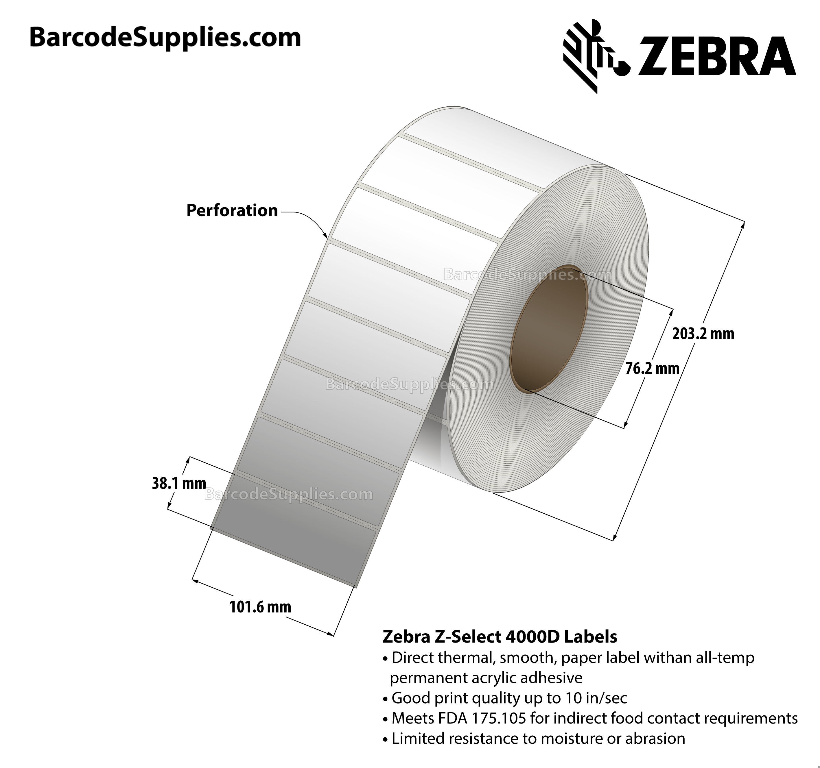 Products 4 x 1.5 Direct Thermal White Z-Select 4000D Labels With All-Temp Adhesive - Perforated - 4225 Labels Per Roll - Carton Of 4 Rolls - 16900 Labels Total - MPN: 10015348