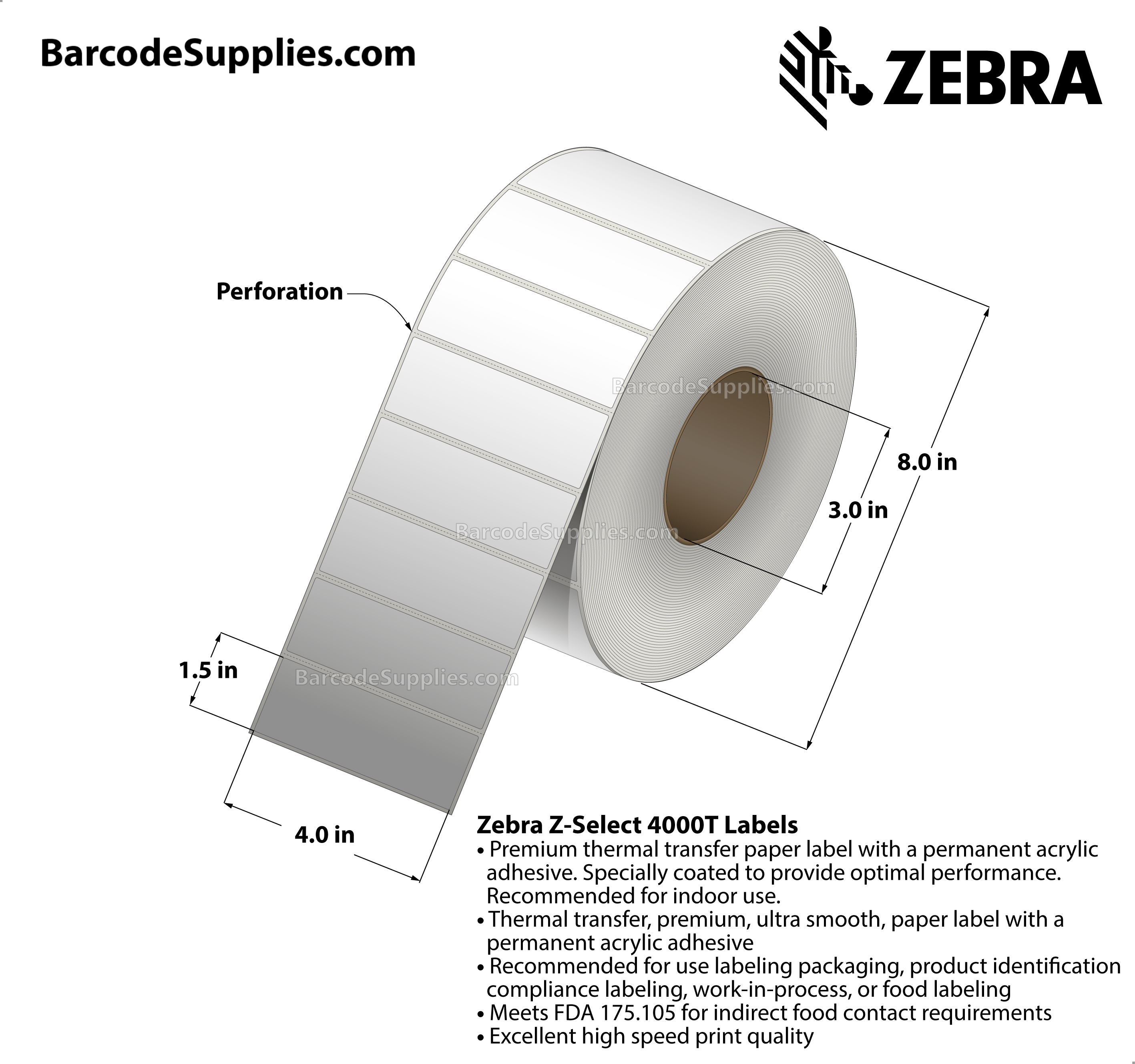 4 x 1.5 Thermal Transfer White Z-Select 4000T Labels With Permanent Adhesive - Perforated - 4225 Labels Per Roll - Carton Of 4 Rolls - 16900 Labels Total - MPN: 800640-155
