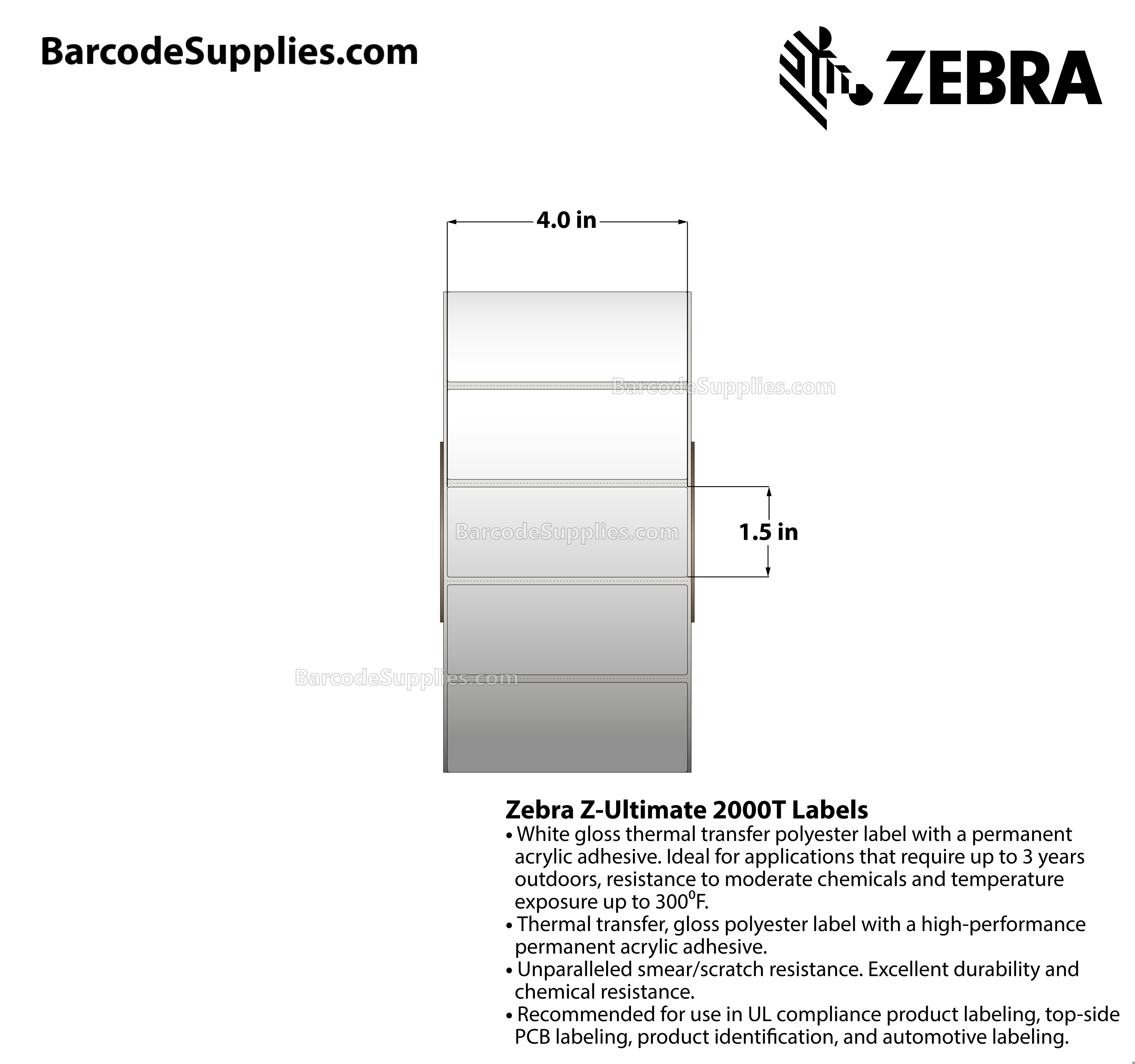 4 x 1.5 Thermal Transfer White Z-Ultimate 2000T Labels With Permanent Adhesive - Perforated - 3800 Labels Per Roll - Carton Of 4 Rolls - 15200 Labels Total - MPN: 10018339