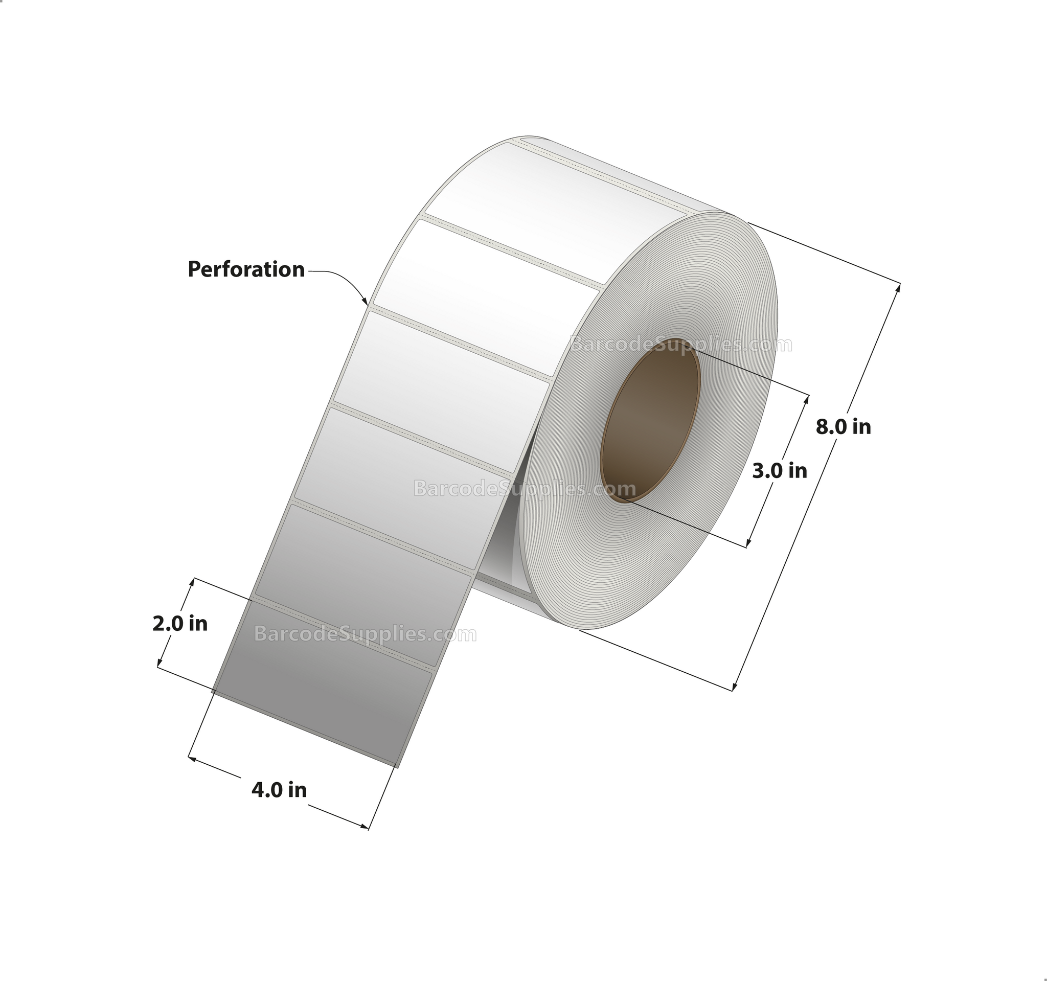 4 x 2 Direct Thermal White Labels With Rubber Adhesive - Perforated - 3000 Labels Per Roll - Carton Of 4 Rolls - 12000 Labels Total - MPN: DT400200-3P