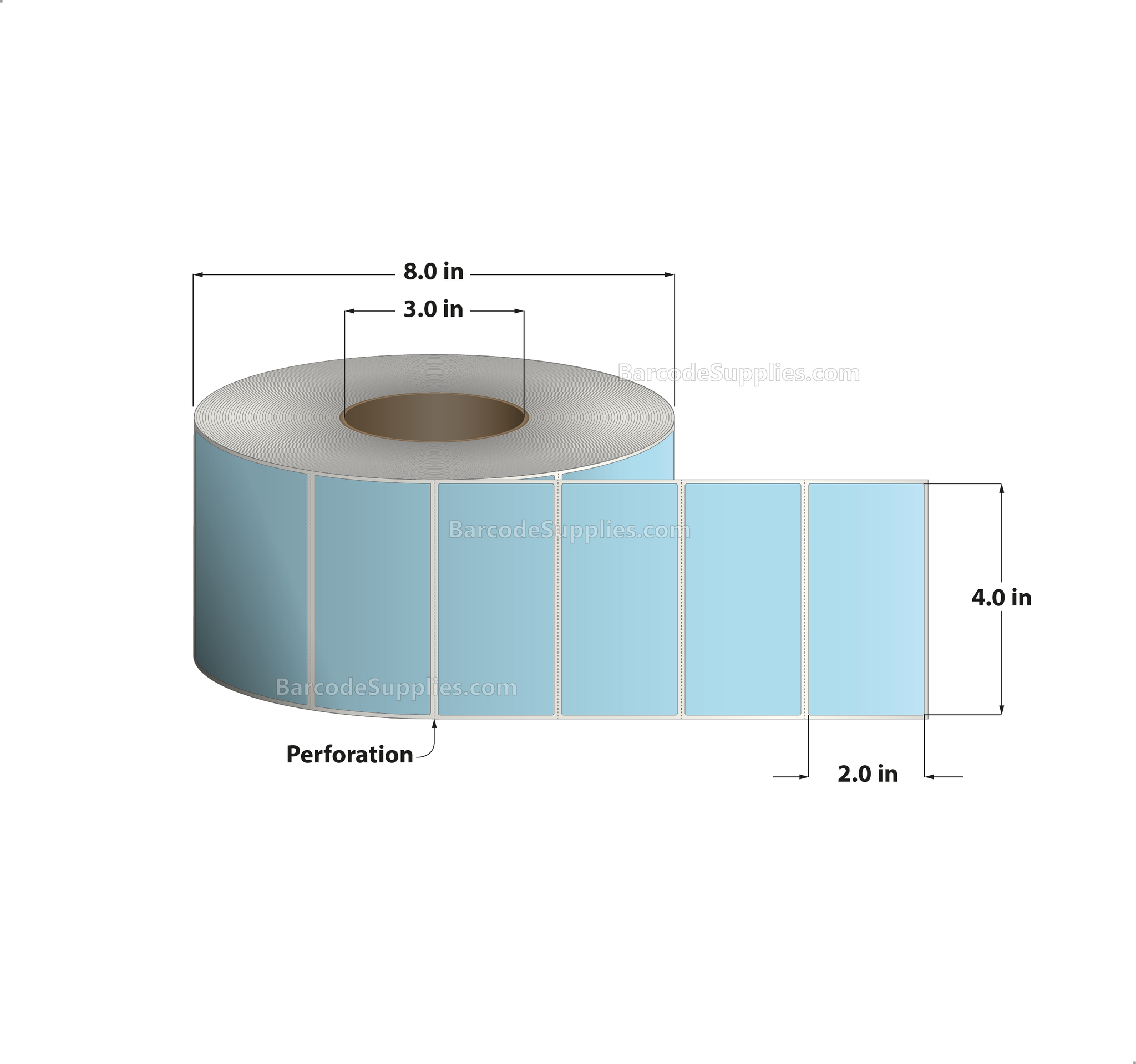 4 x 2 Thermal Transfer 2975 Blue Labels With Permanent Acrylic Adhesive - Perforated - 3000 Labels Per Roll - Carton Of 4 Rolls - 12000 Labels Total - MPN: TH42-1PBL