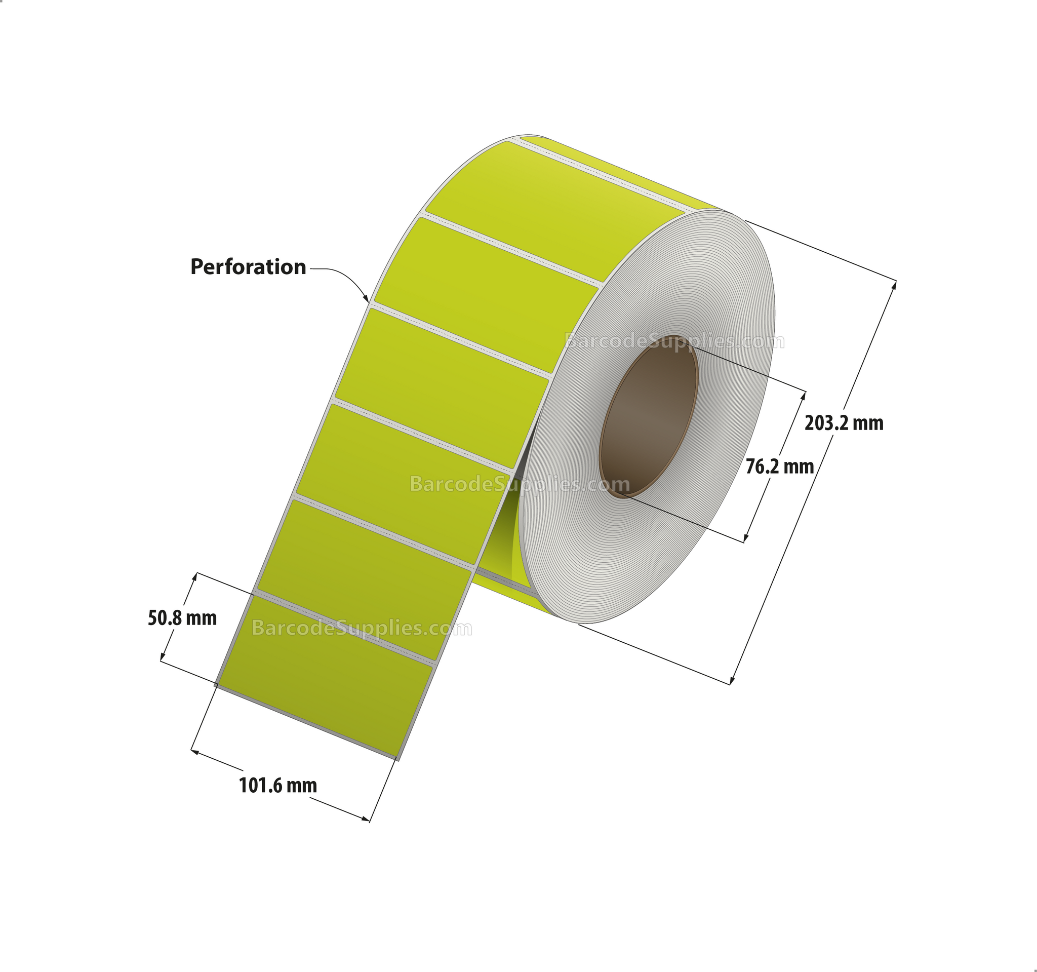 4 x 2 Thermal Transfer Fluorescent Chartreuse Labels With Permanent Adhesive - Perforated - 2900 Labels Per Roll - Carton Of 4 Rolls - 11600 Labels Total - MPN: FL-4-2-2900-CH