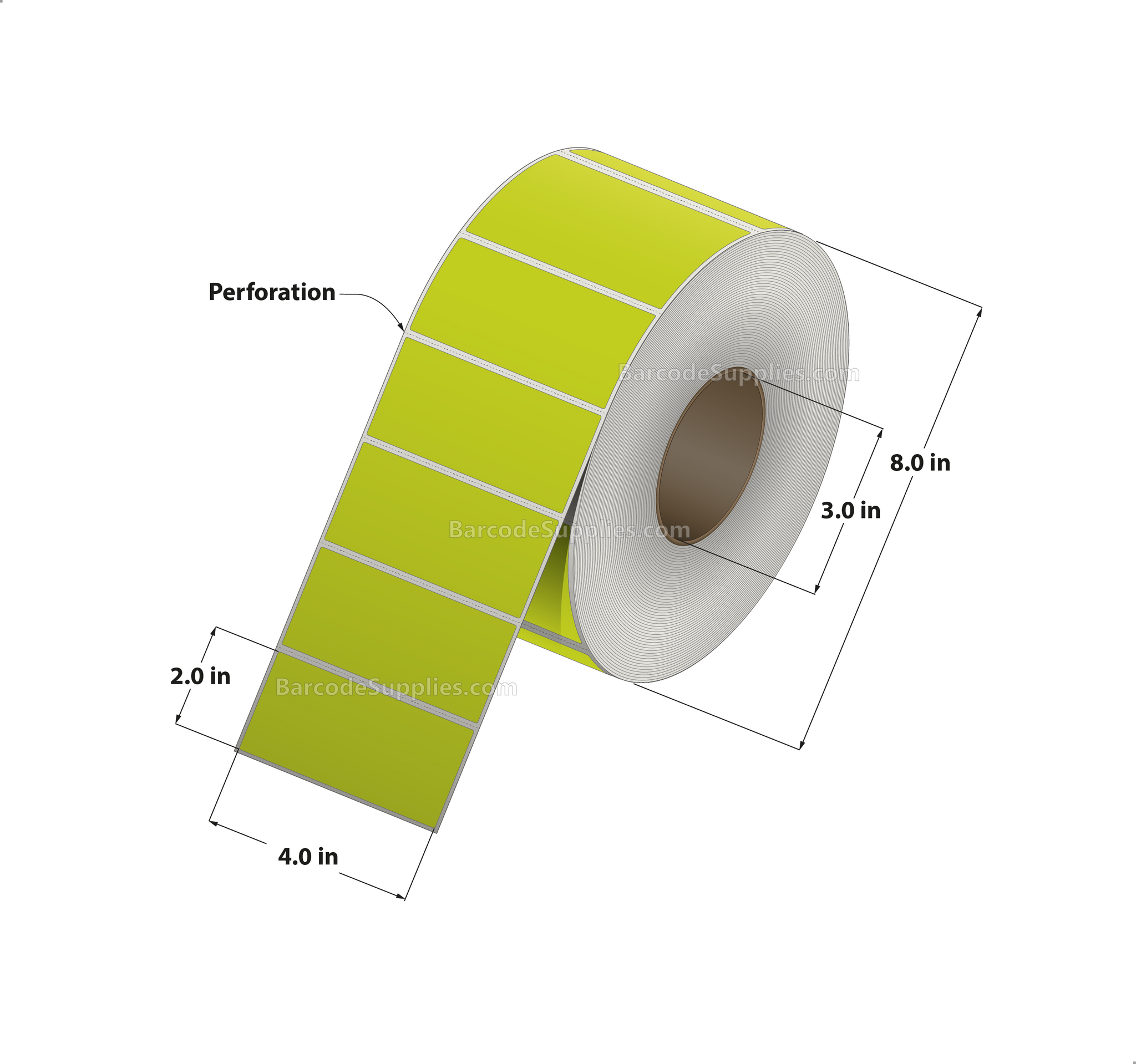 4 x 2 Thermal Transfer Fluorescent Chartreuse Labels With Permanent Adhesive - Perforated - 2900 Labels Per Roll - Carton Of 4 Rolls - 11600 Labels Total - MPN: FL-4-2-2900-CH