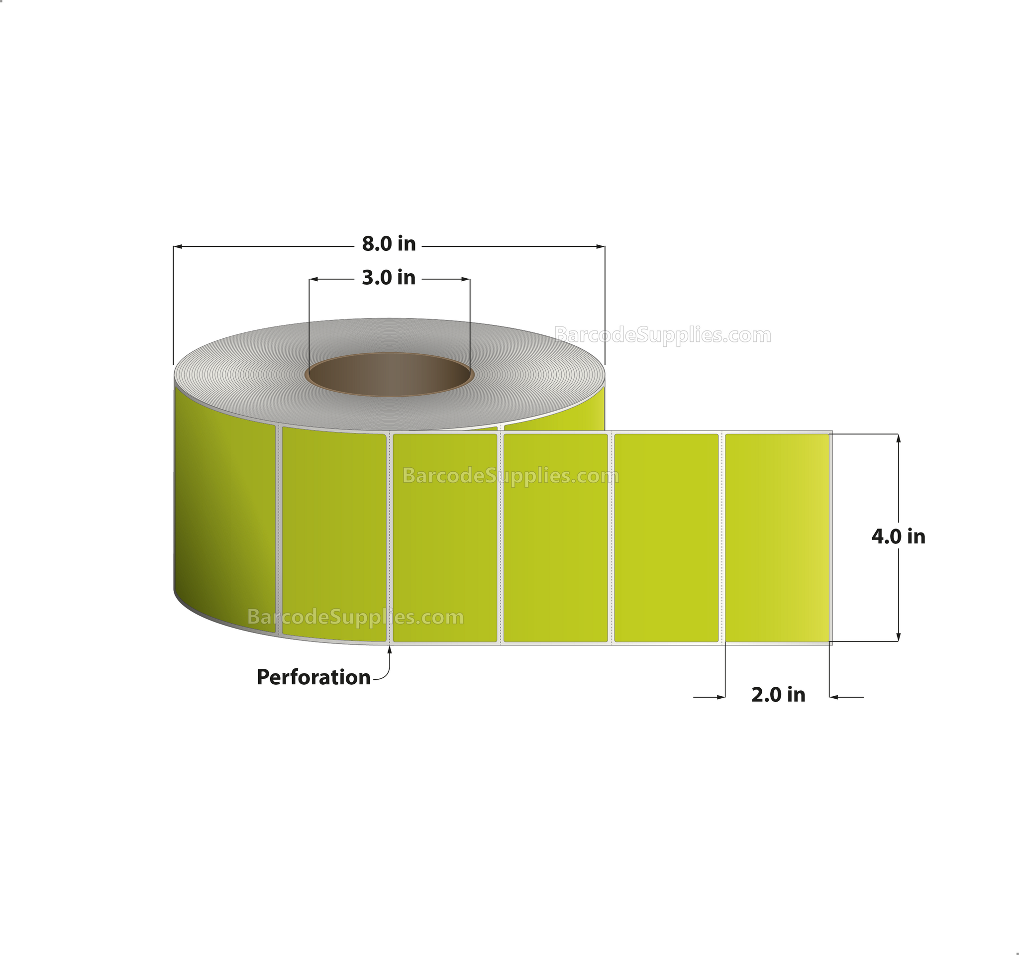 4 x 2 Thermal Transfer Fluorescent Chartreuse Labels With Permanent Adhesive - Perforated - 2900 Labels Per Roll - Carton Of 4 Rolls - 11600 Labels Total - MPN: FL-4-2-2900-CH